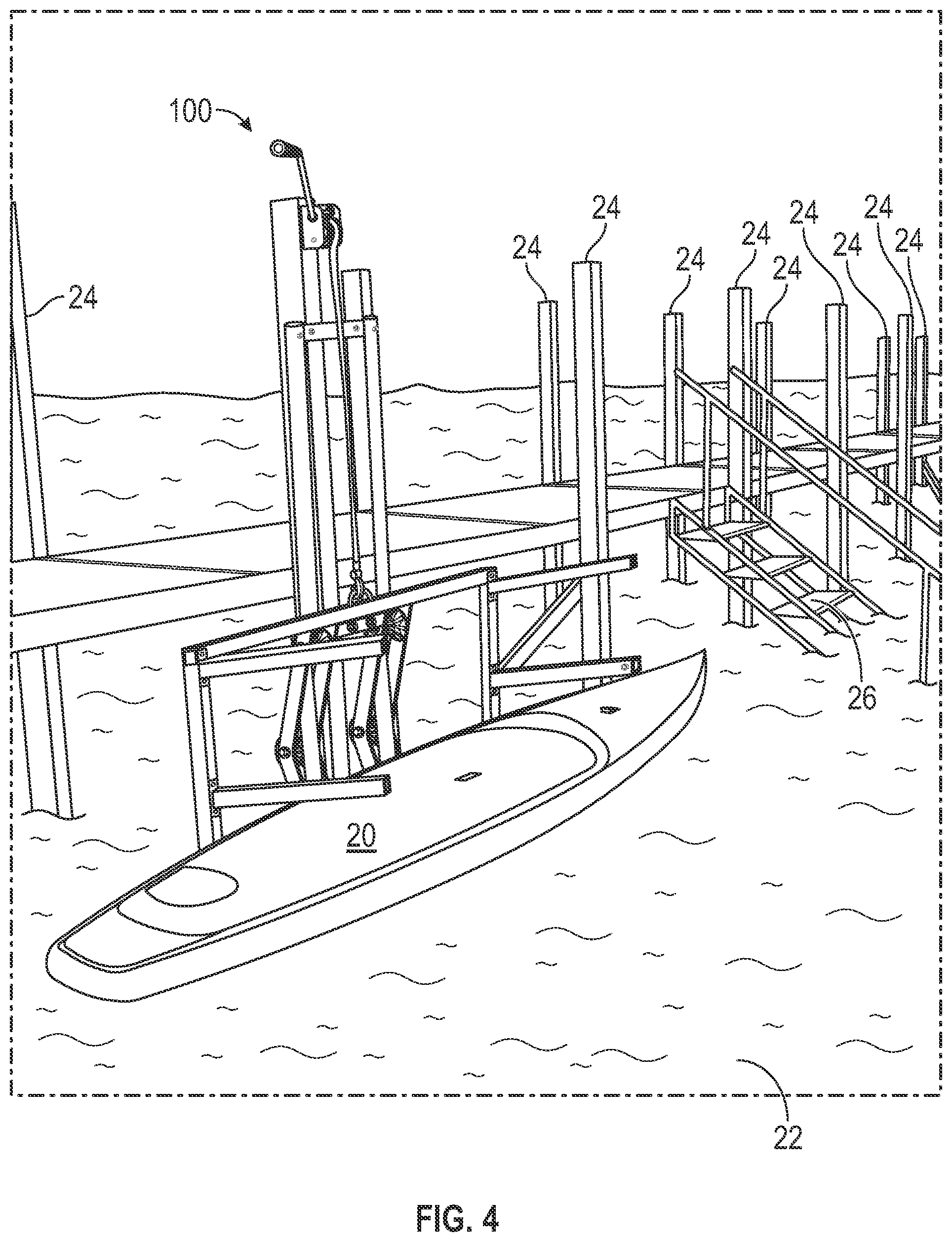 Patent US12319390 Figure 4 – Adjustable rack for recreational equipment used on lakes
