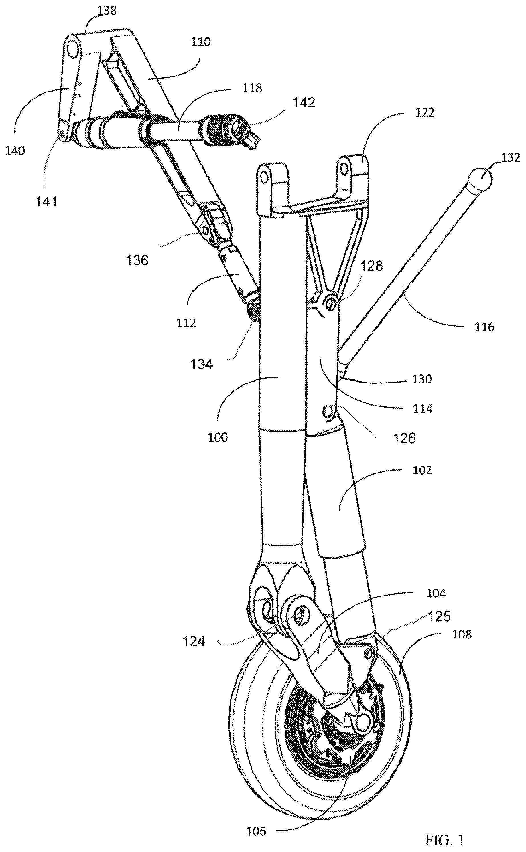 Patent US12319405 Figure 1 – Folding trailing arm landing gear