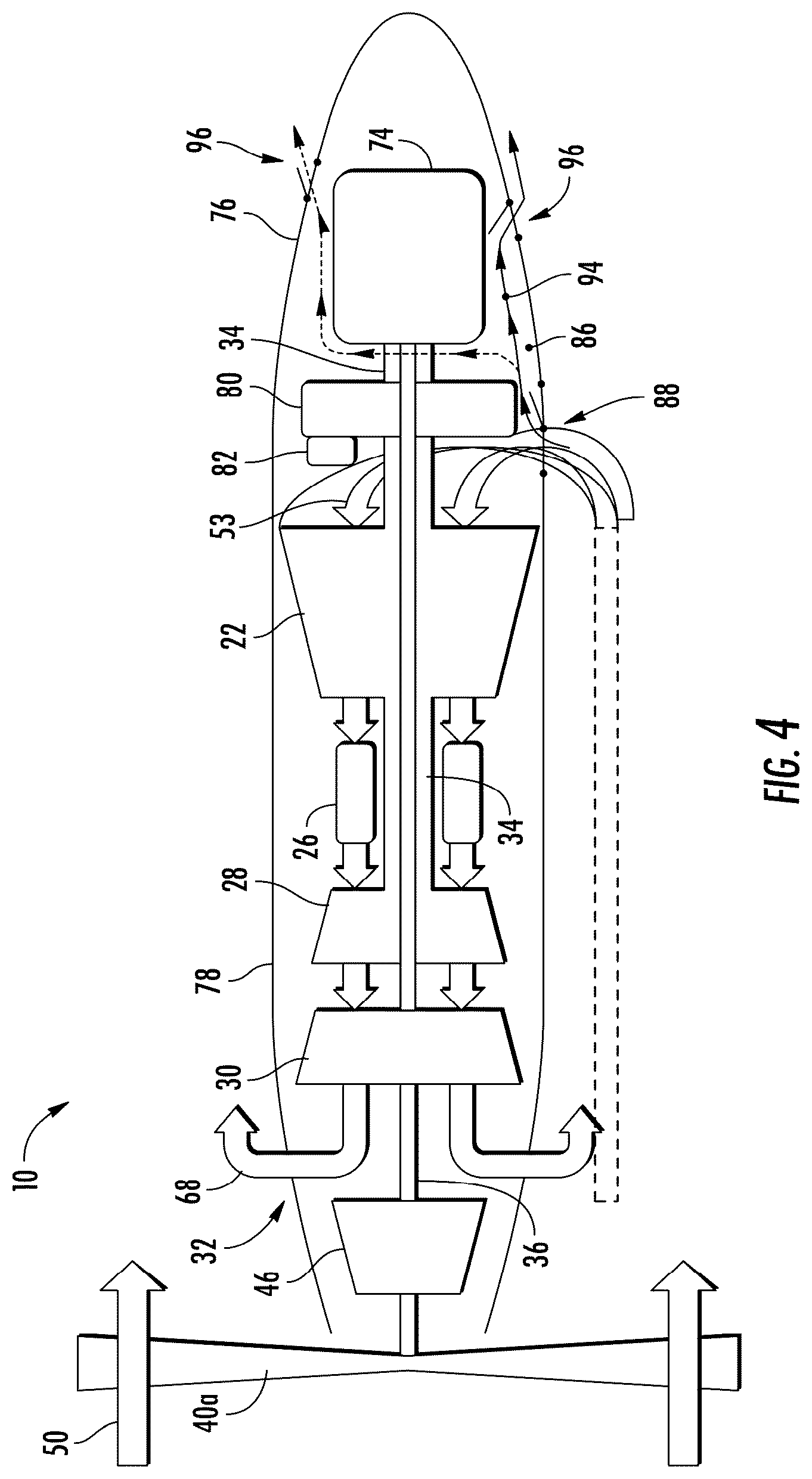 Patent US12319417 Figure 4 – Reverse flow gas turbine engine having electric machine