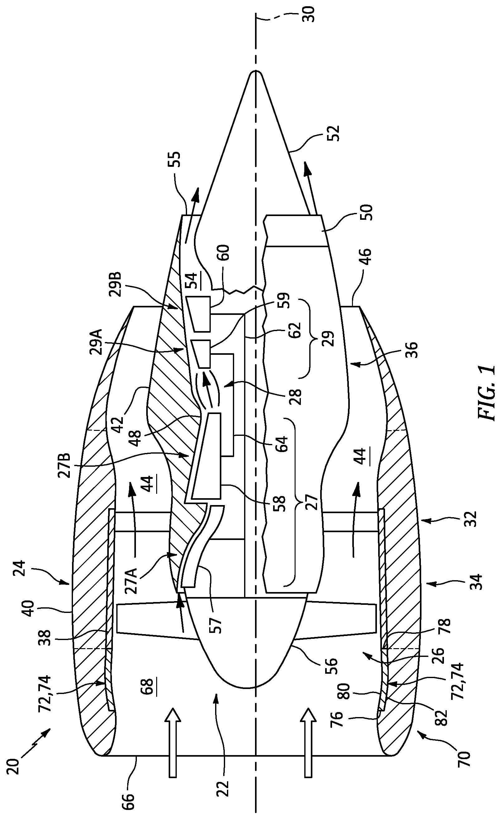 Patent US12319425 Figure 1 – Multi-core acoustic panel for an aircraft propulsion system