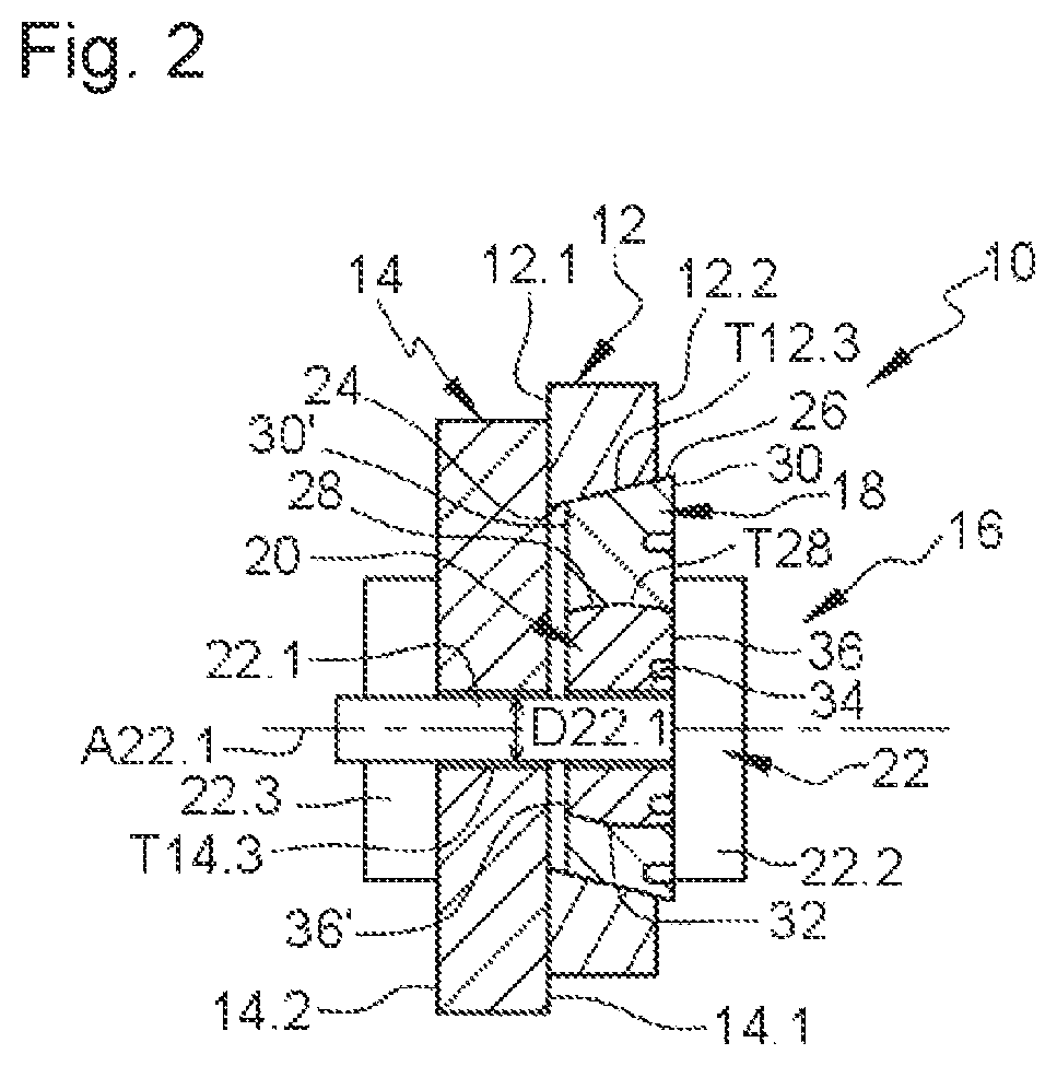 Patent US12319440 Figure 2 – Connecting device comprising two off-center rings with a frustoconical and/or spherical bearing surface, aircraft or aircraft floor comprising at least two portions connected by at least one such connecting device