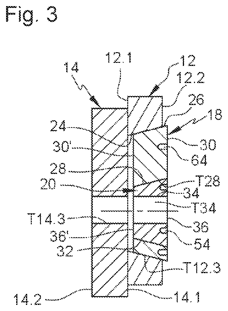 Patent US12319440 Figure 3 – Connecting device comprising two off-center rings with a frustoconical and/or spherical bearing surface, aircraft or aircraft floor comprising at least two portions connected by at least one such connecting device