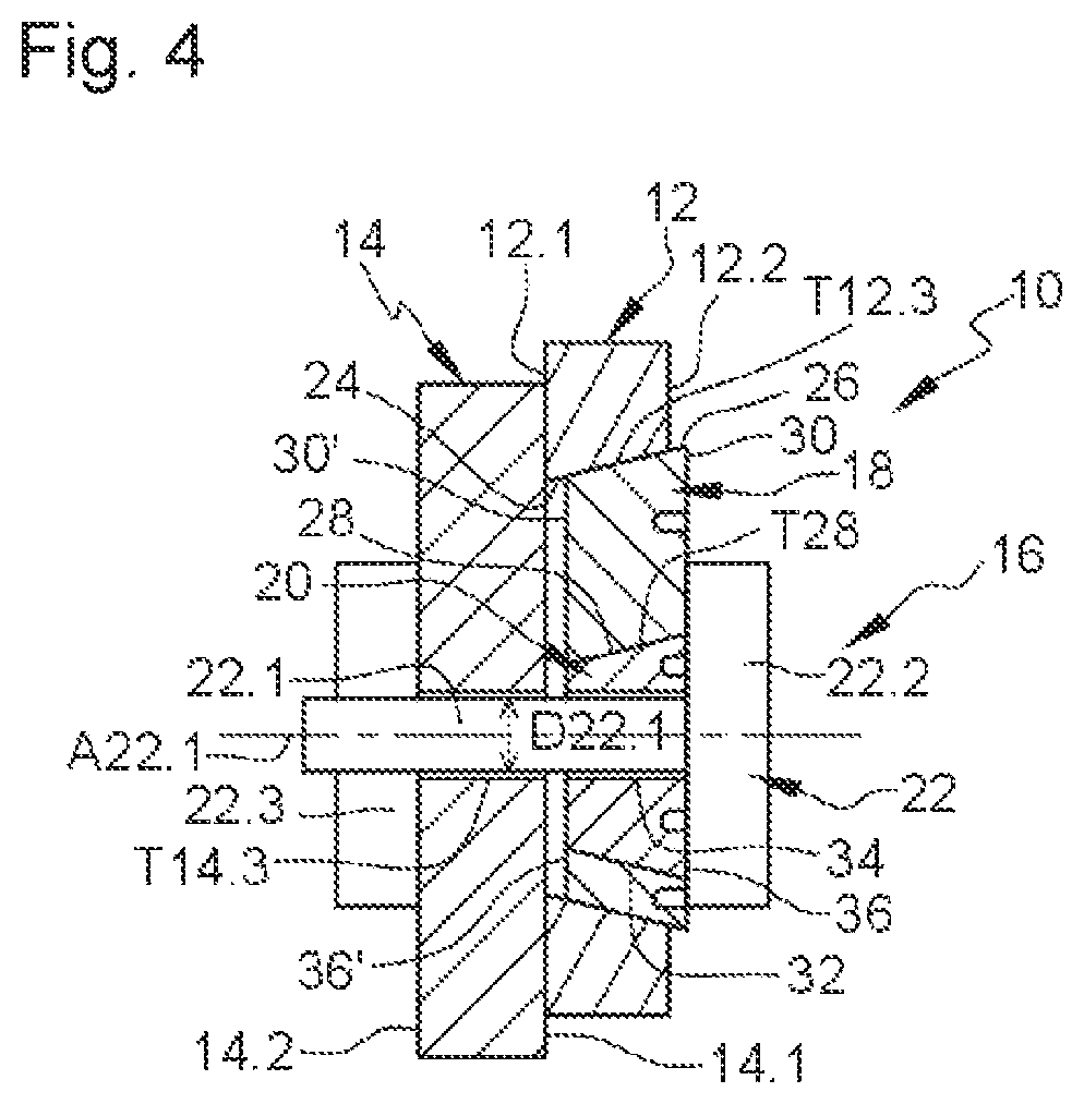 Patent US12319440 Figure 4 – Connecting device comprising two off-center rings with a frustoconical and/or spherical bearing surface, aircraft or aircraft floor comprising at least two portions connected by at least one such connecting device