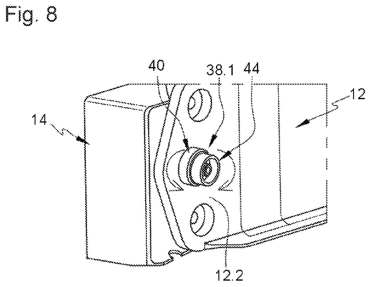 Patent US12319440 Figure 8 – Connecting device comprising two off-center rings with a frustoconical and/or spherical bearing surface, aircraft or aircraft floor comprising at least two portions connected by at least one such connecting device