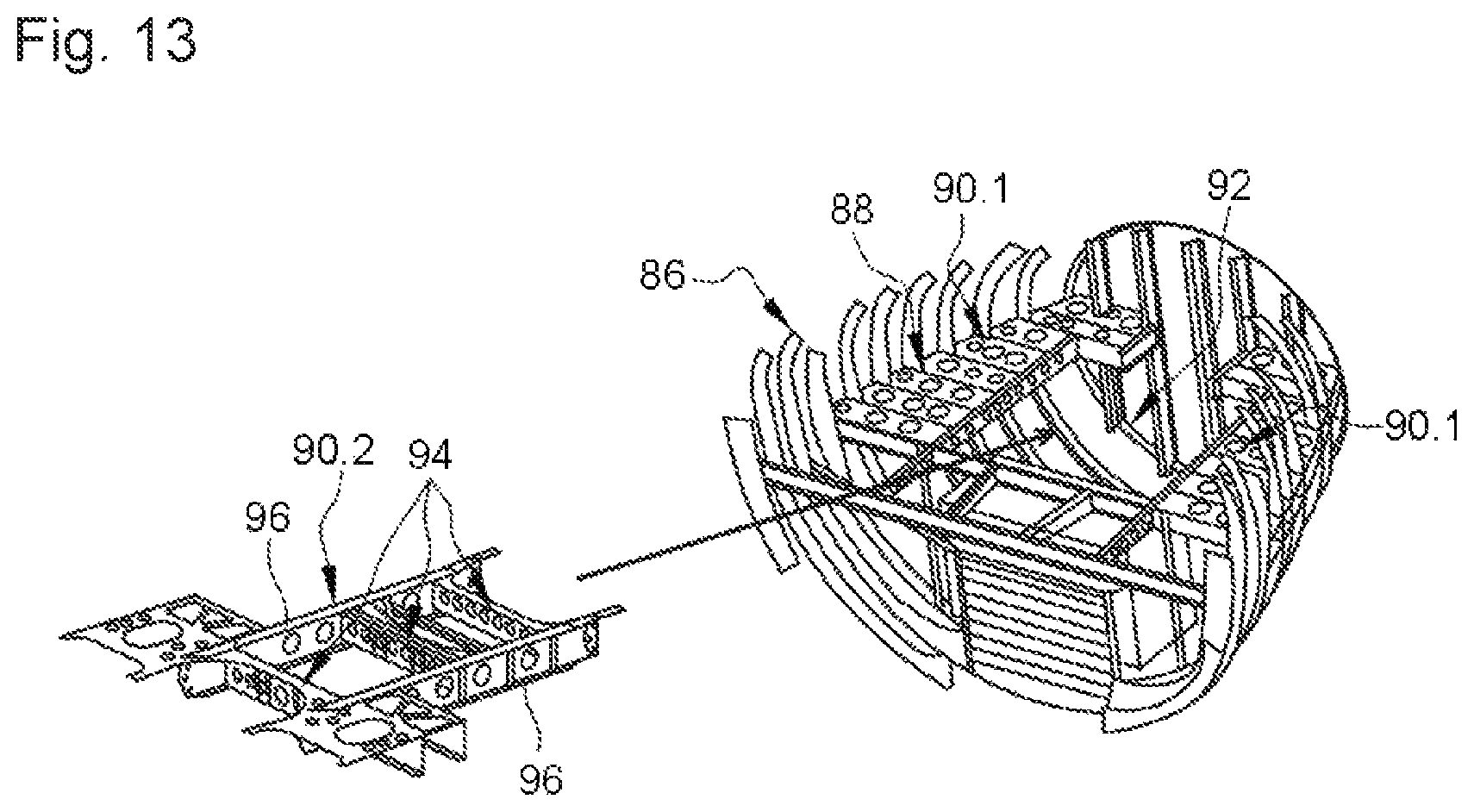 Patent US12319440 Figure 13 – Connecting device comprising two off-center rings with a frustoconical and/or spherical bearing surface, aircraft or aircraft floor comprising at least two portions connected by at least one such connecting device