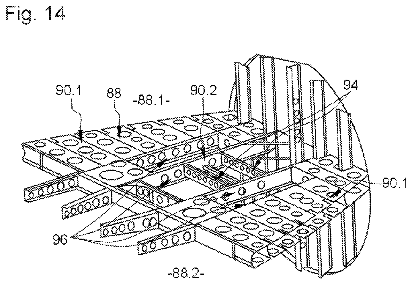 Patent US12319440 Figure 14 – Connecting device comprising two off-center rings with a frustoconical and/or spherical bearing surface, aircraft or aircraft floor comprising at least two portions connected by at least one such connecting device