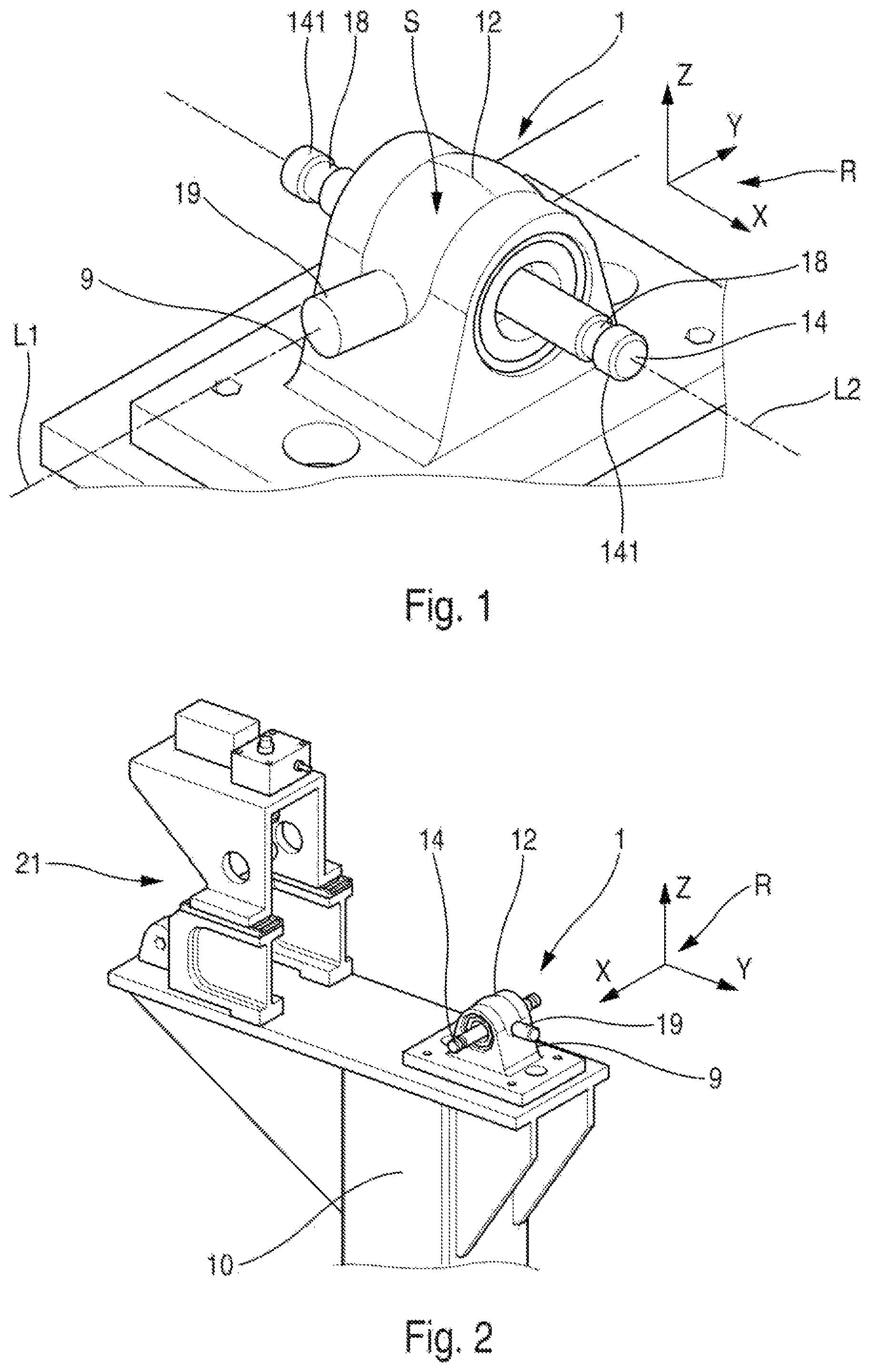Patent US12319441 Figure 1 – Referential positioning device intended to position relative to each other at least one cabin floor grid and one side shell of an aircraft in order to assemble a fuselage barrel of the aircraft