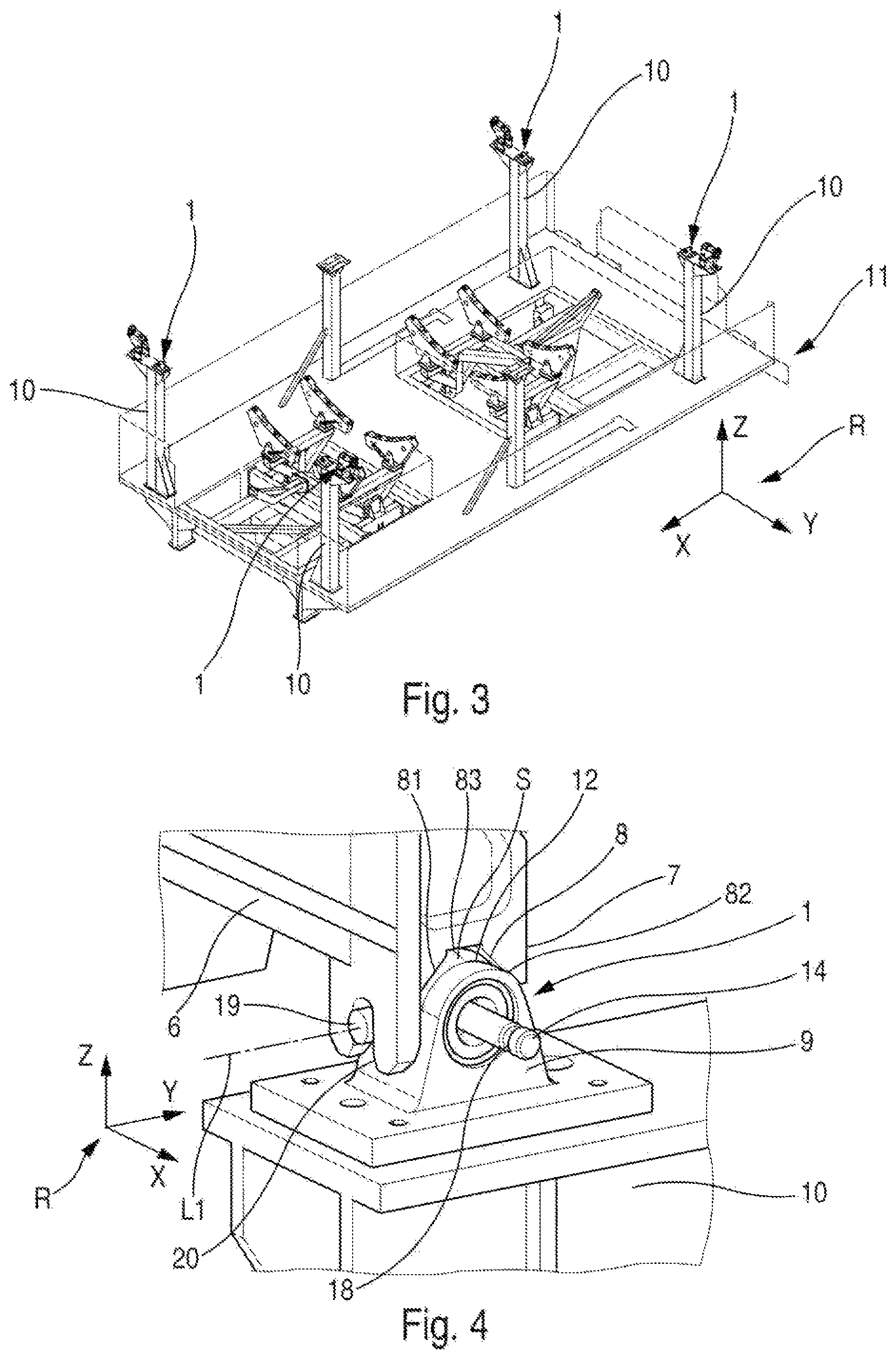 Patent US12319441 Figure 2 – Referential positioning device intended to position relative to each other at least one cabin floor grid and one side shell of an aircraft in order to assemble a fuselage barrel of the aircraft