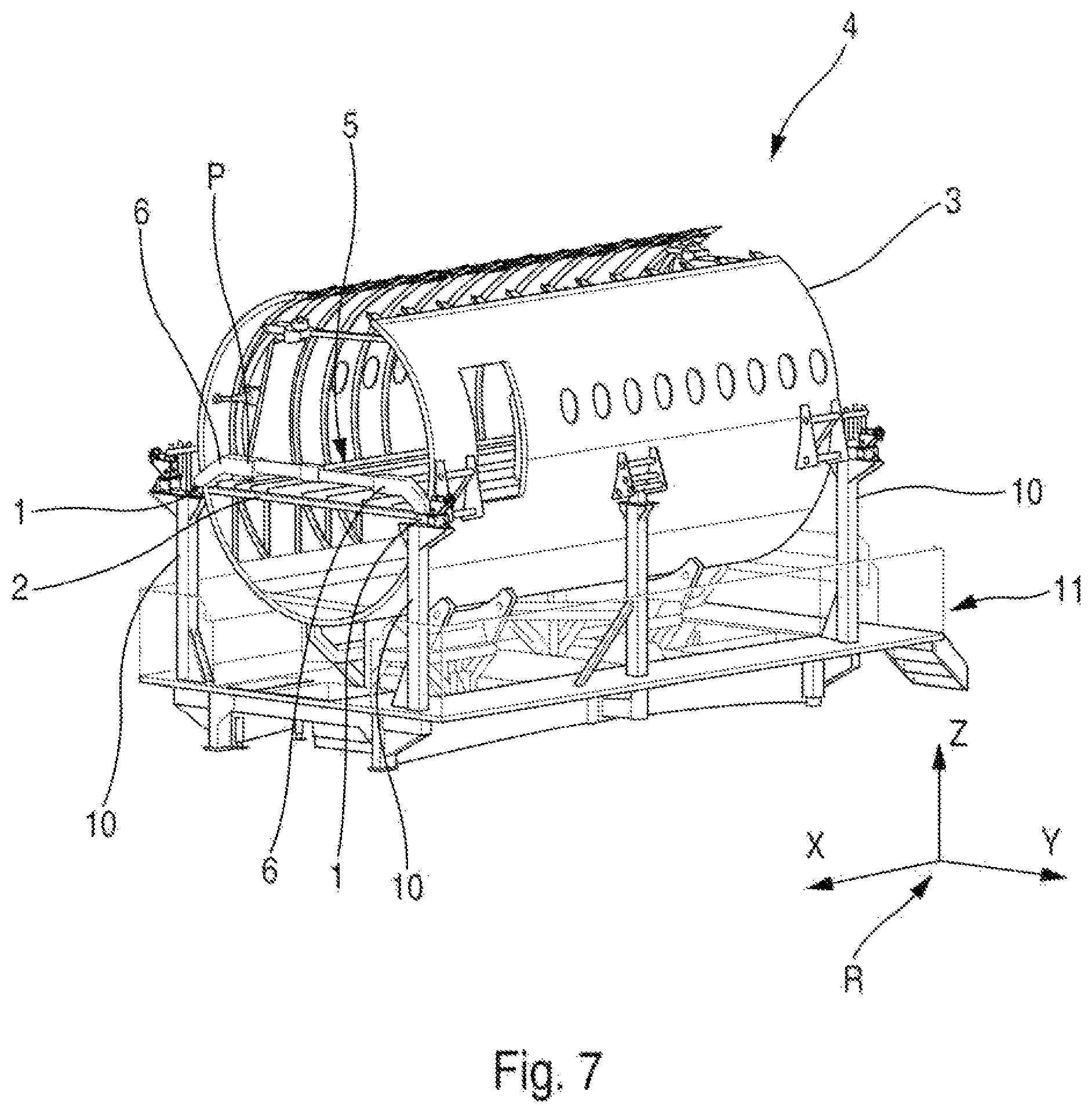 Patent US12319441 Figure 4 – Referential positioning device intended to position relative to each other at least one cabin floor grid and one side shell of an aircraft in order to assemble a fuselage barrel of the aircraft