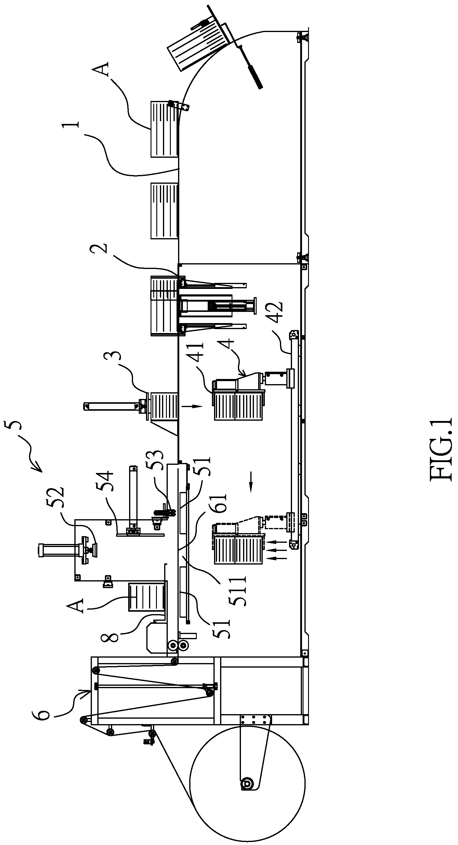 Patent US12319457 Figure 1 – Automatic packaging machine for paper bags