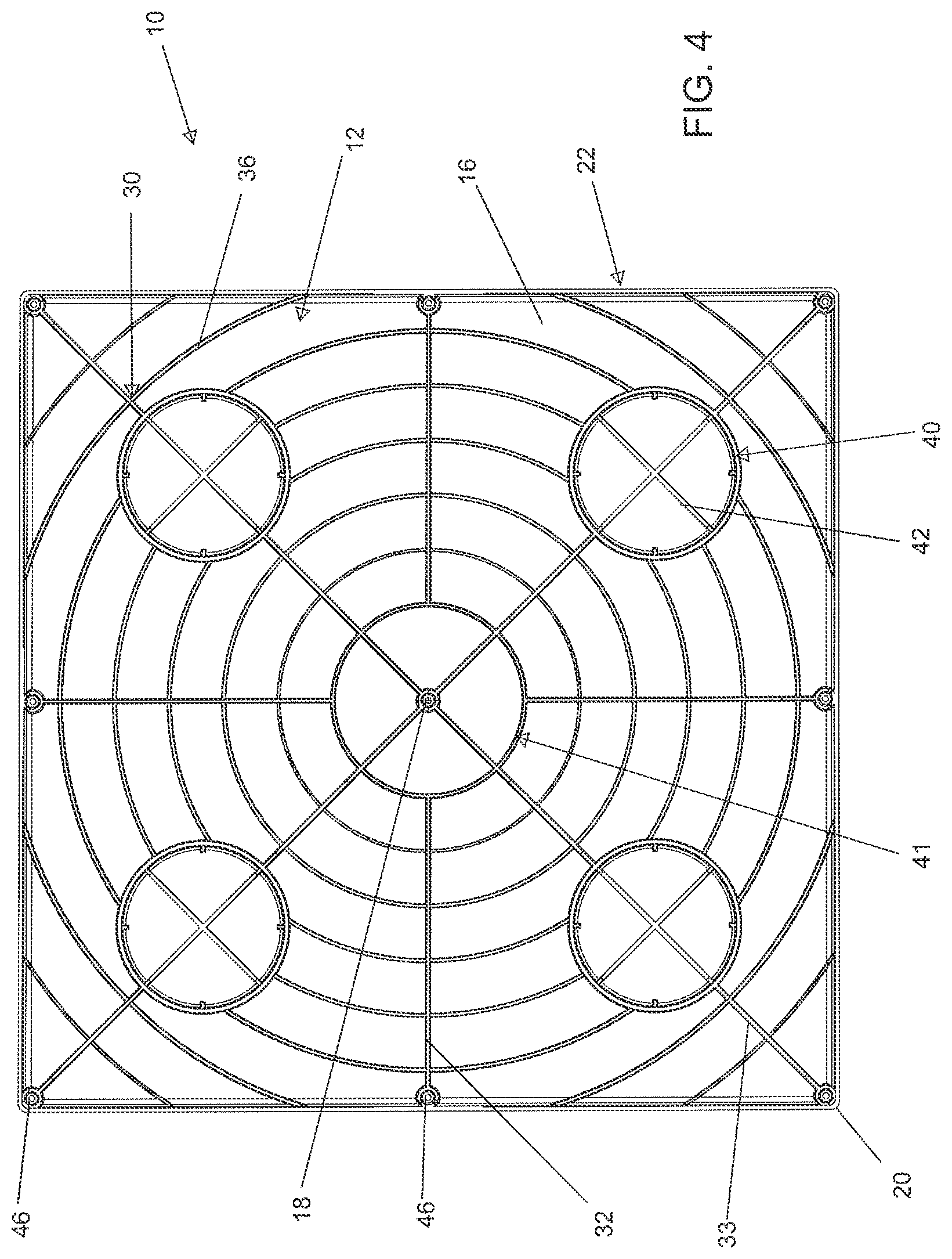 Patent US12319468 Figure 4 – Molded equipment pad with arc-shaped ribs