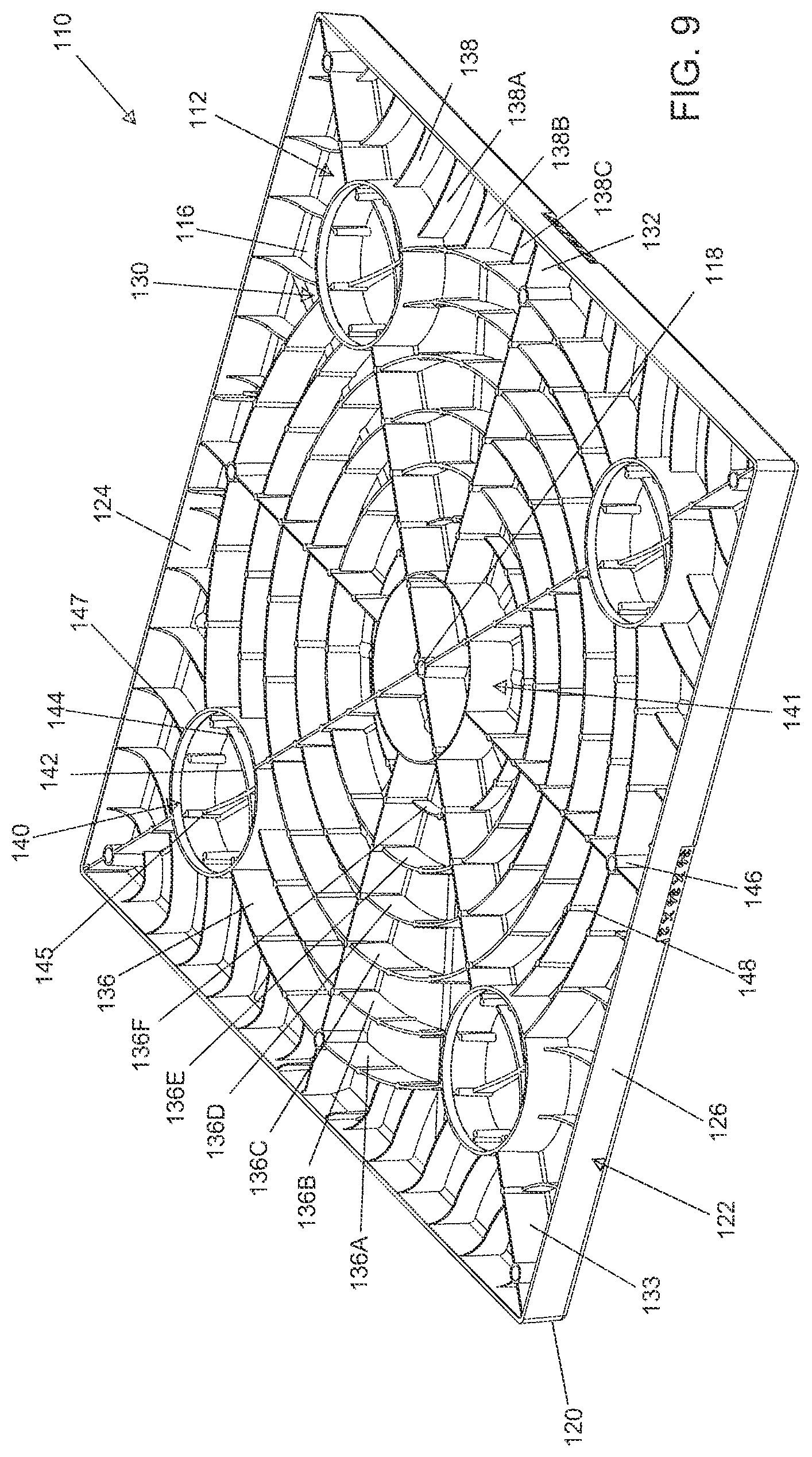 Patent US12319468 Figure 9 – Molded equipment pad with arc-shaped ribs