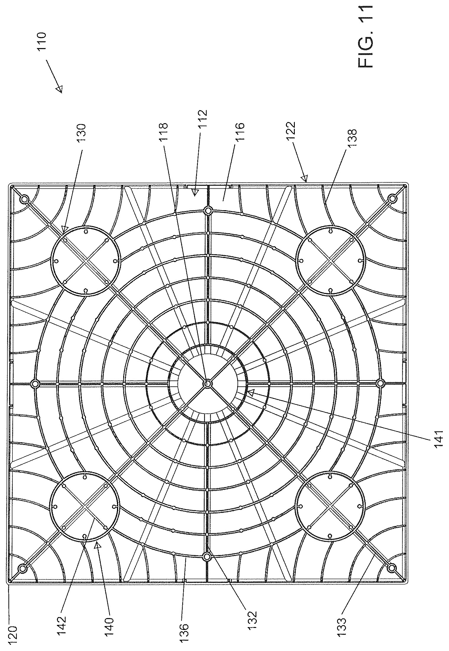 Patent US12319468 Figure 11 – Molded equipment pad with arc-shaped ribs