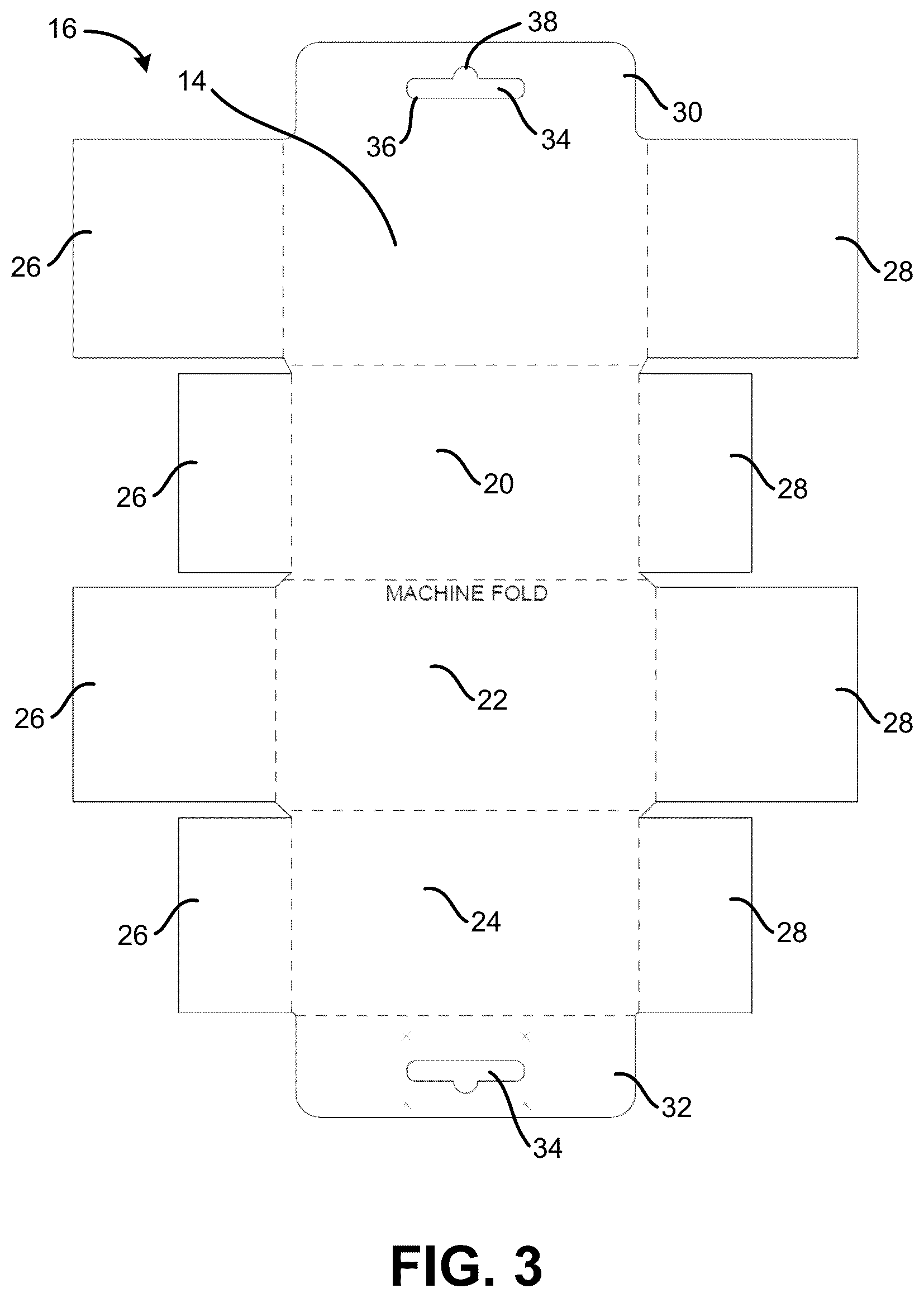 Patent US12319479 Figure 3 – One-piece carton with hang tab