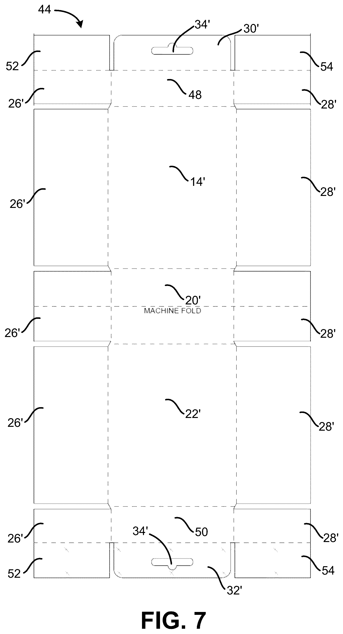Patent US12319479 Figure 7 – One-piece carton with hang tab