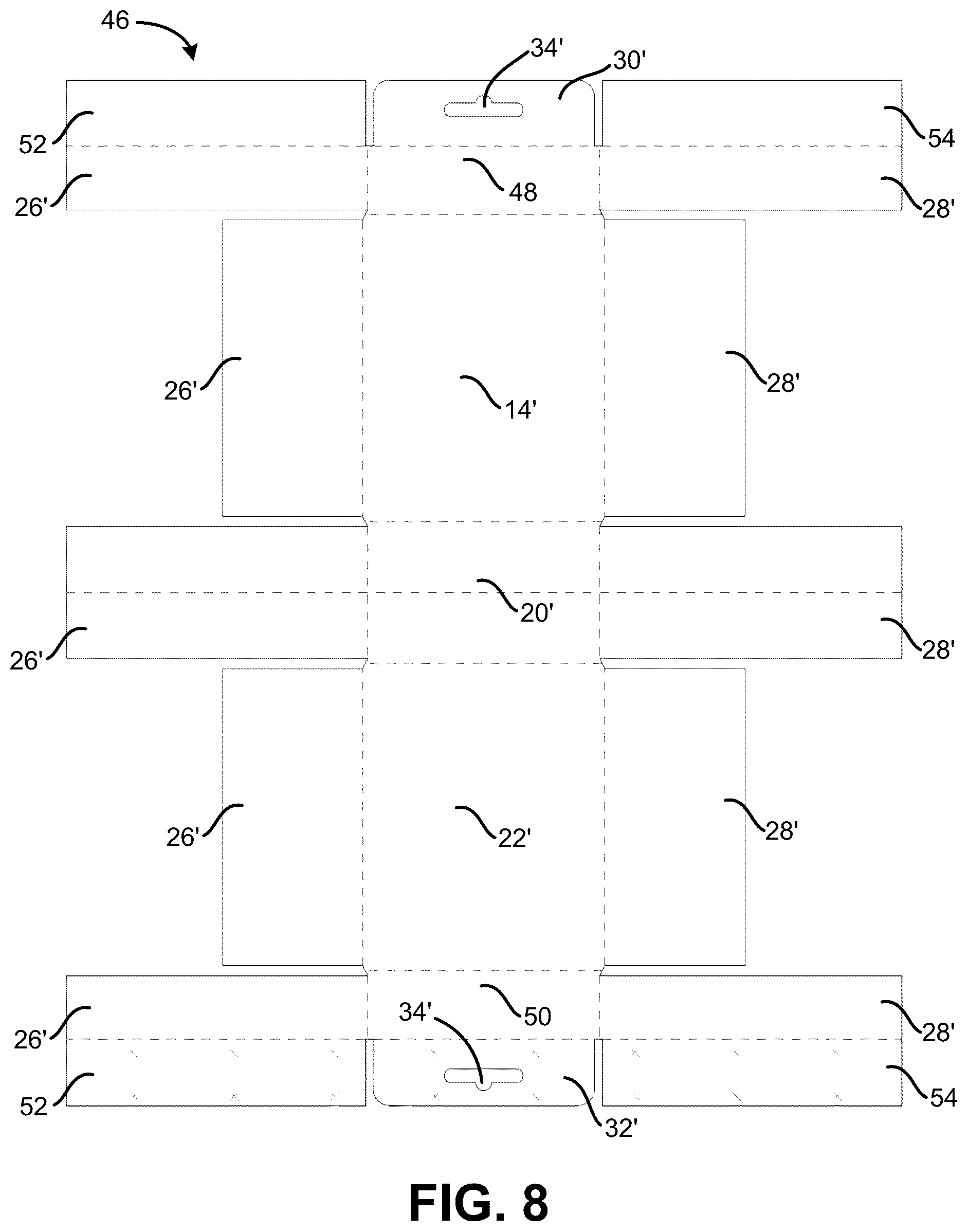 Patent US12319479 Figure 8 – One-piece carton with hang tab