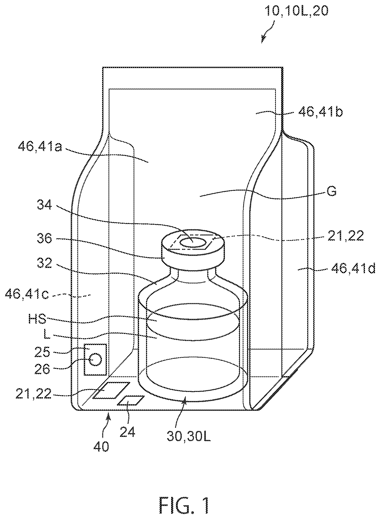 Patent US12319487 — Liquid-containing combination container, container set, and method of manufacturing liquid-containing container — Figure 1