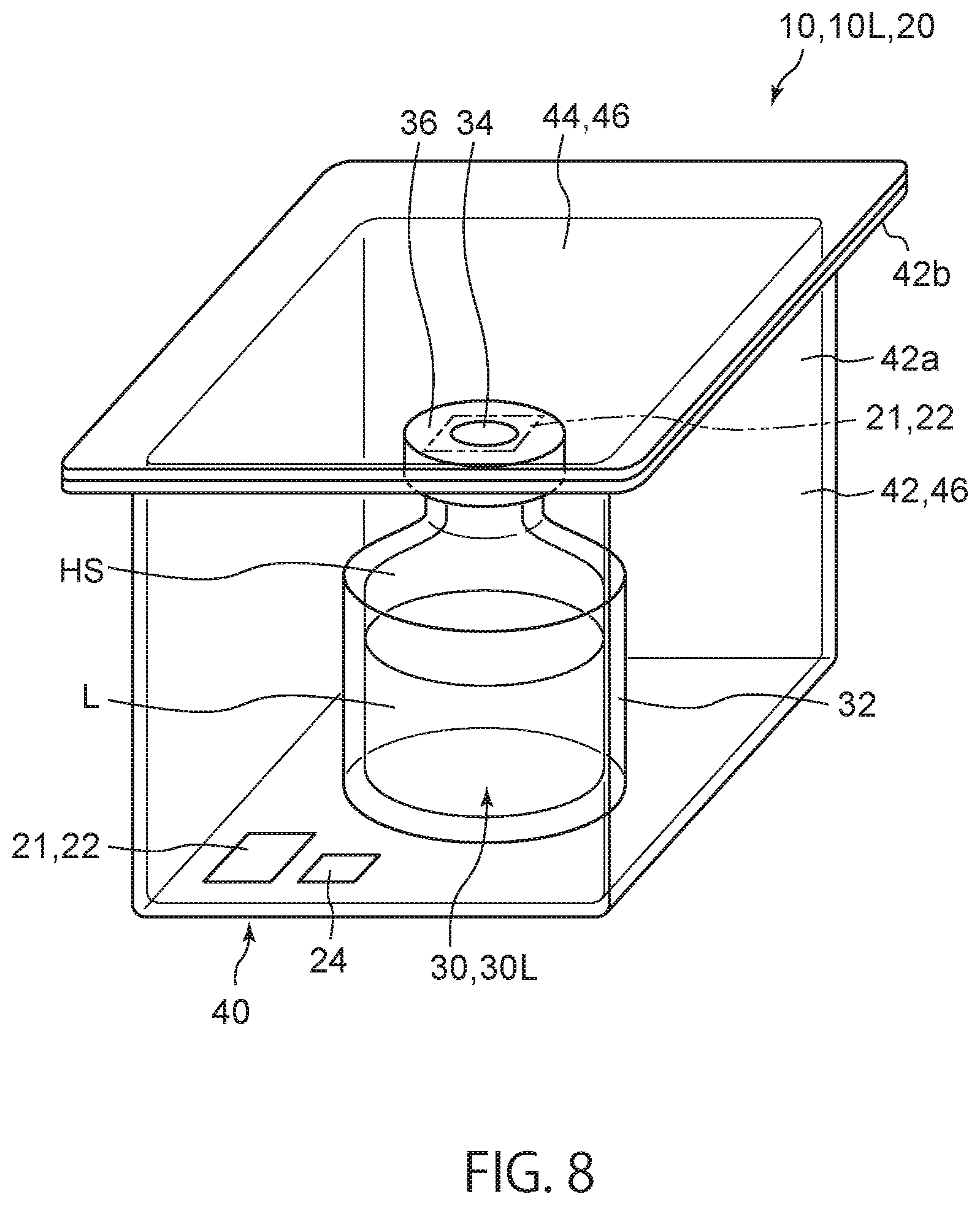 Patent US12319487 Figure 8 – Liquid-containing combination container, container set, and method of manufacturing liquid-containing container