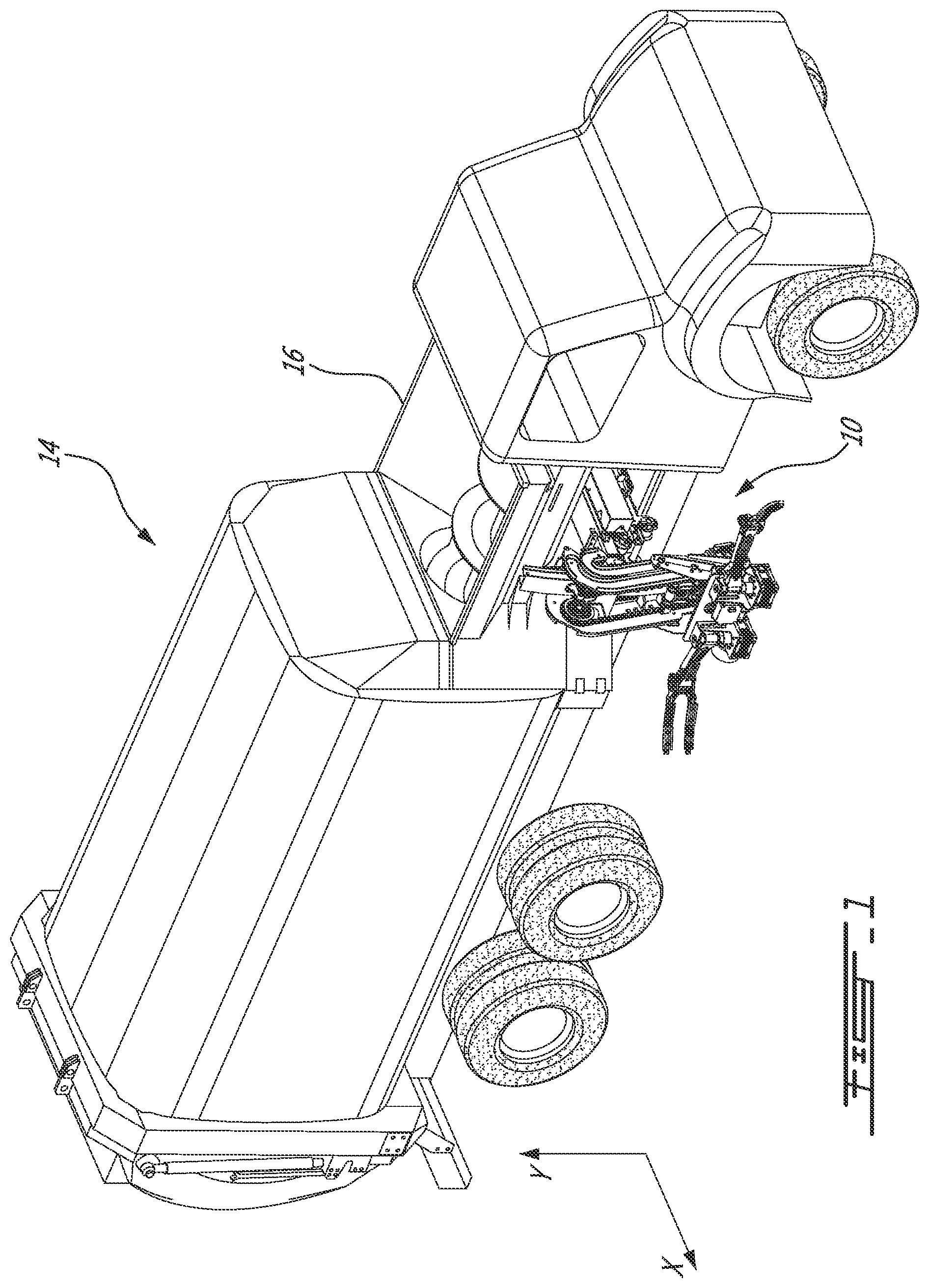 Patent US12319497 Figure 1 – Mechanical arm system for collecting garbage from a garbage container