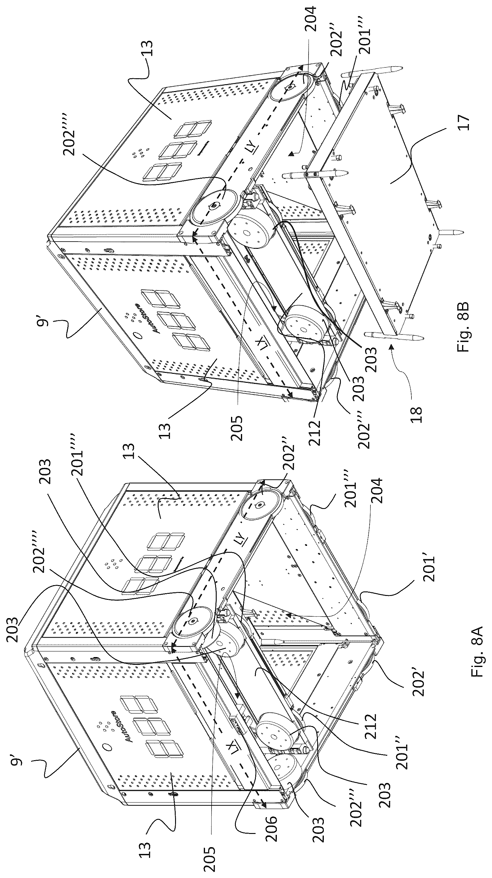Patent US12319501 Figure 7 – Container handling vehicle with first and second sections and lifting device motor in second section