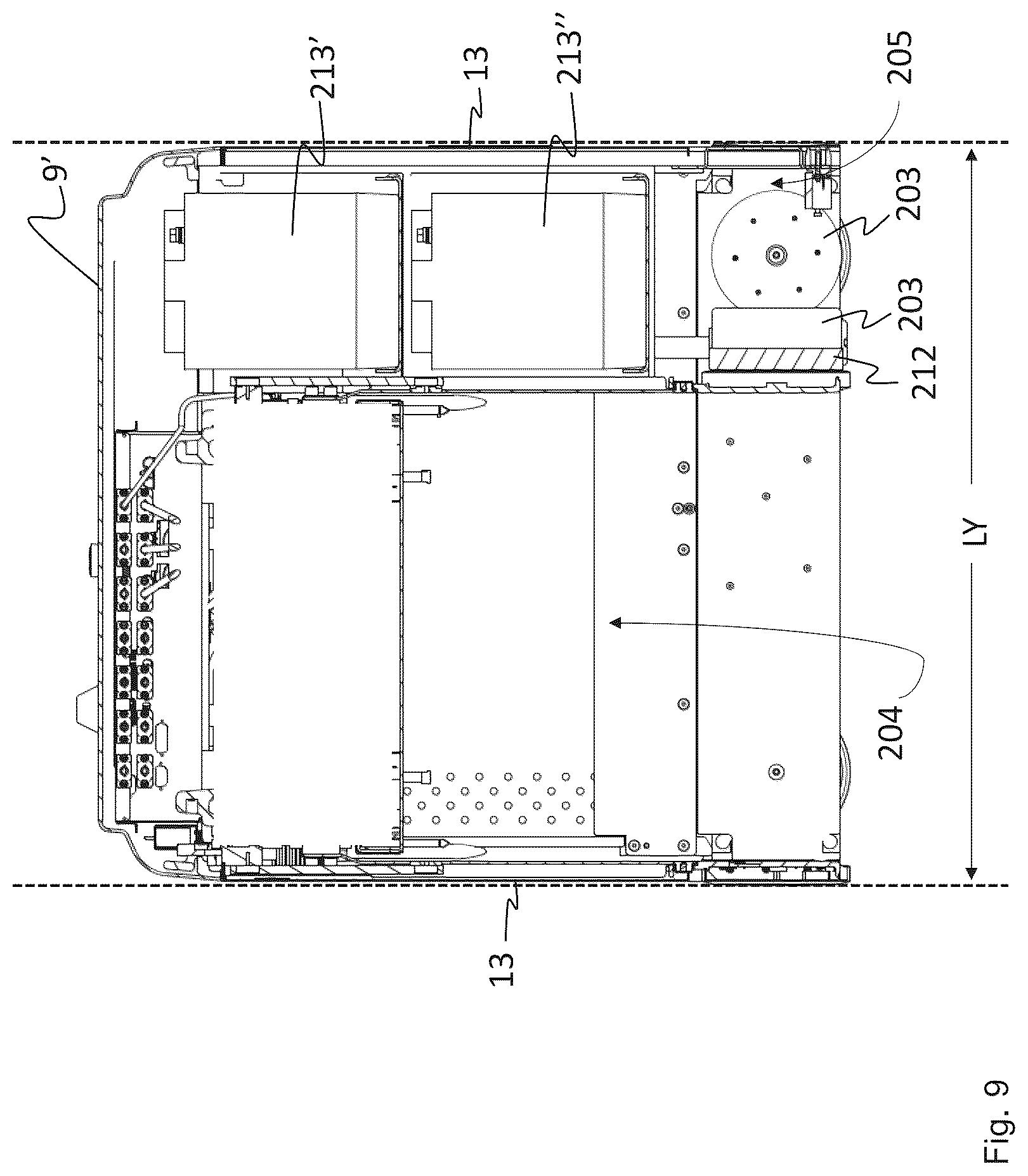 Patent US12319501 Figure 8 – Container handling vehicle with first and second sections and lifting device motor in second section