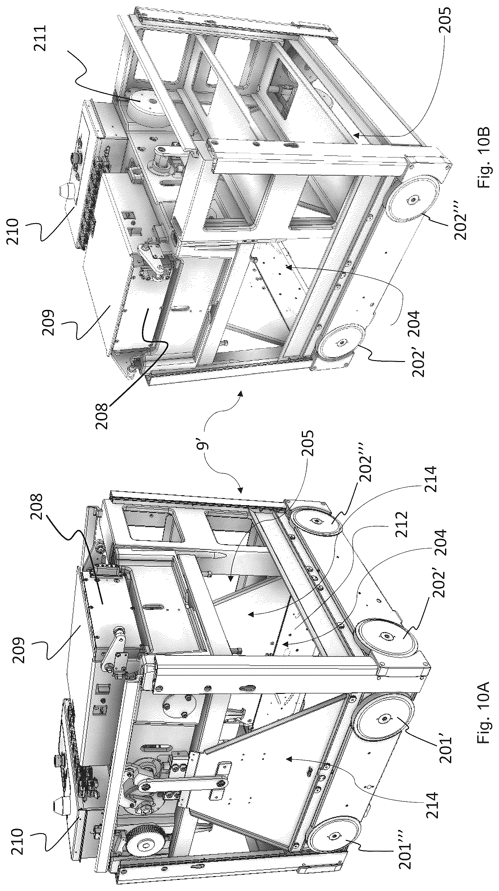 Patent US12319501 Figure 9 – Container handling vehicle with first and second sections and lifting device motor in second section