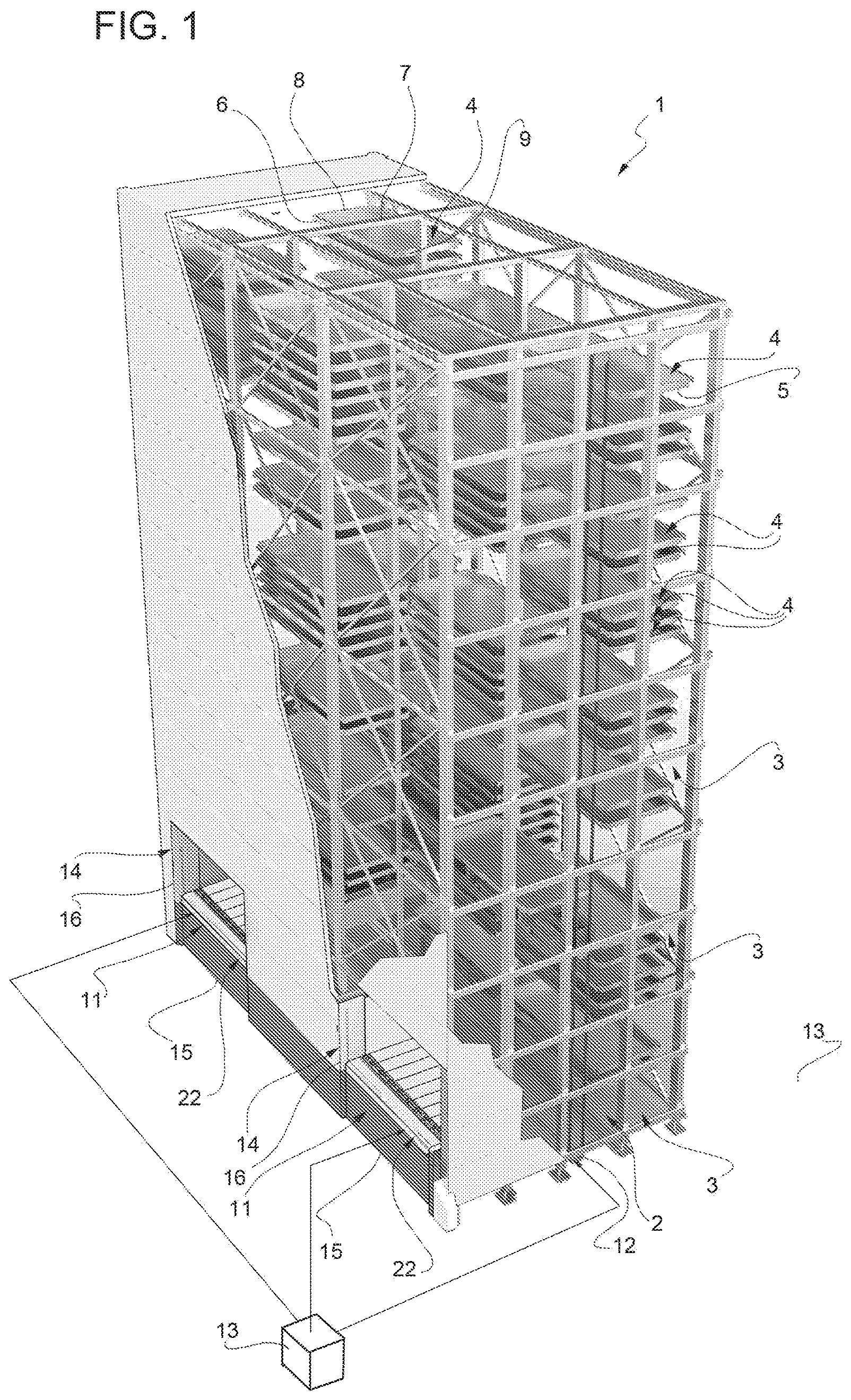 Patent US12319505 — Selective access device for a picking/deposit station in a warehouse, and picking/deposit station provided with such selective access device — Figure 1