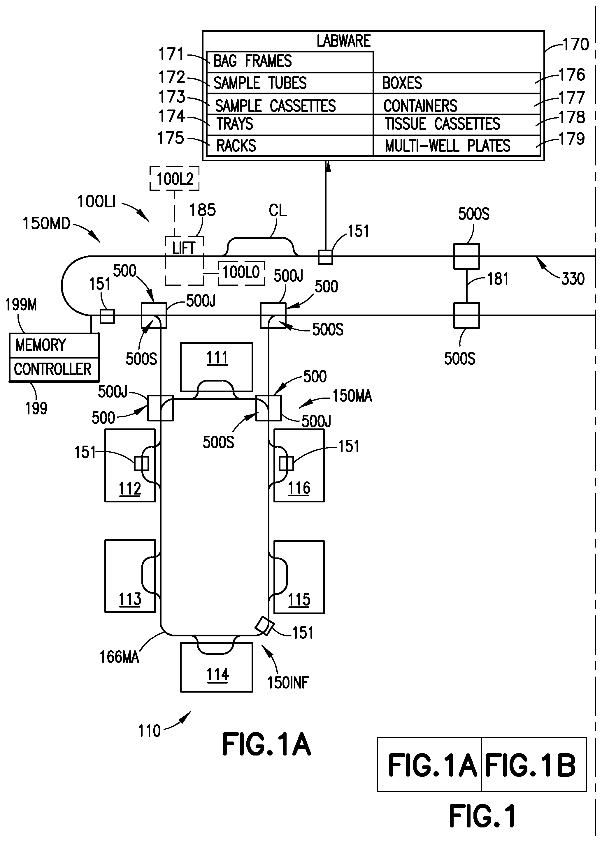 Patent US12319516 Figure 1 – Overhead labware transport system