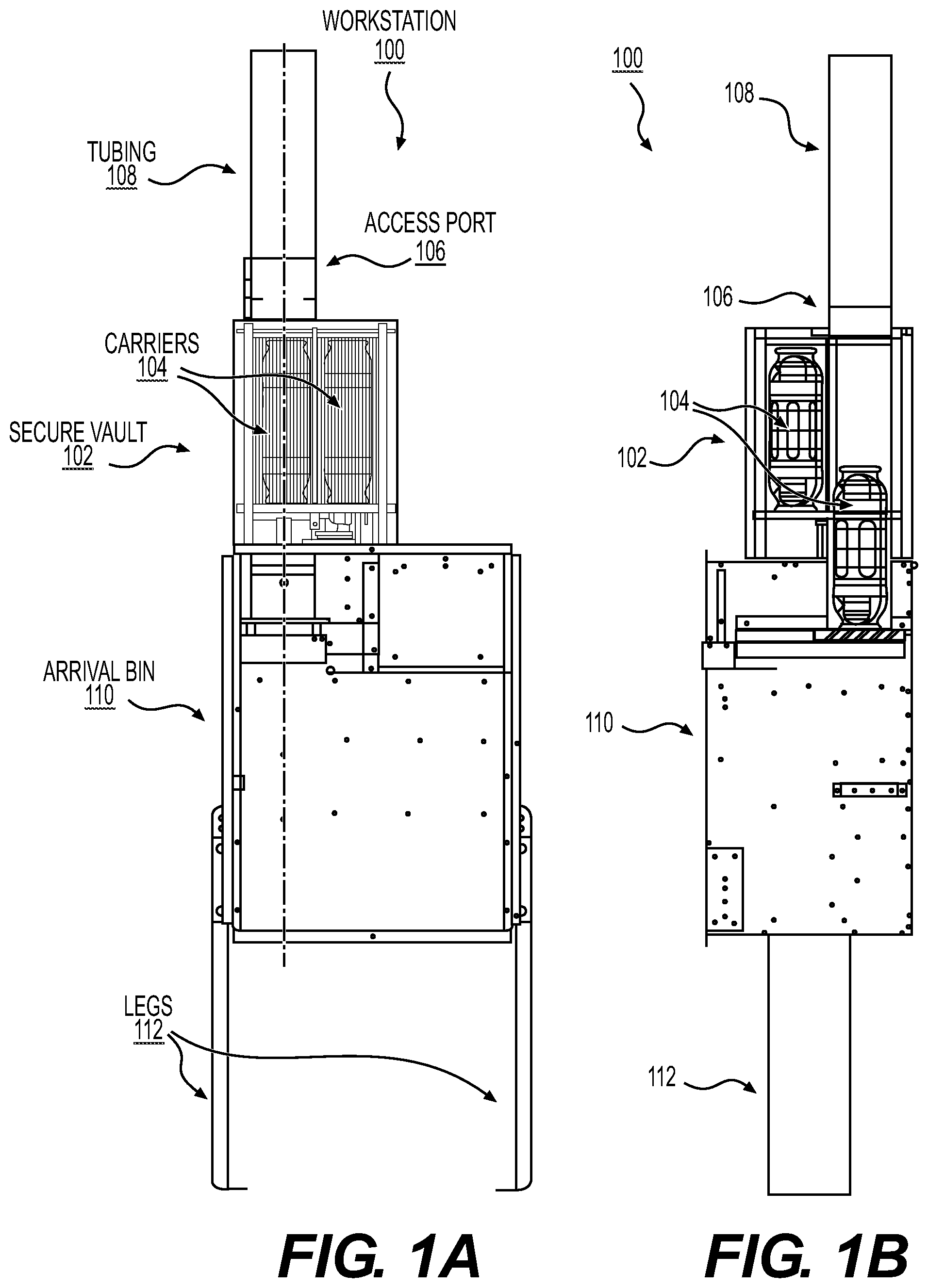 Patent US12319518 Figure 1 – Pneumatic tube system with secure carrier storage
