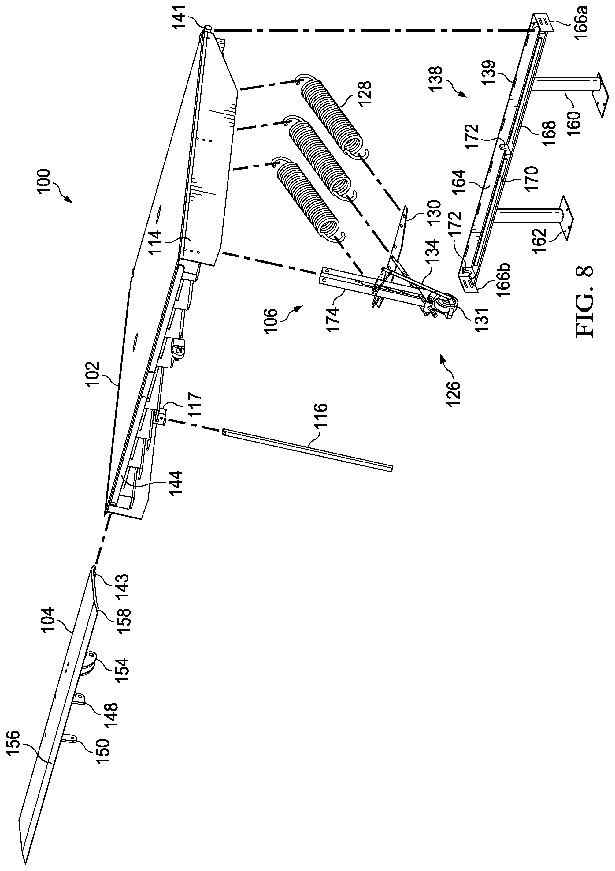 Patent US12319523 Figure 8 – Dock leveler with lip hinge