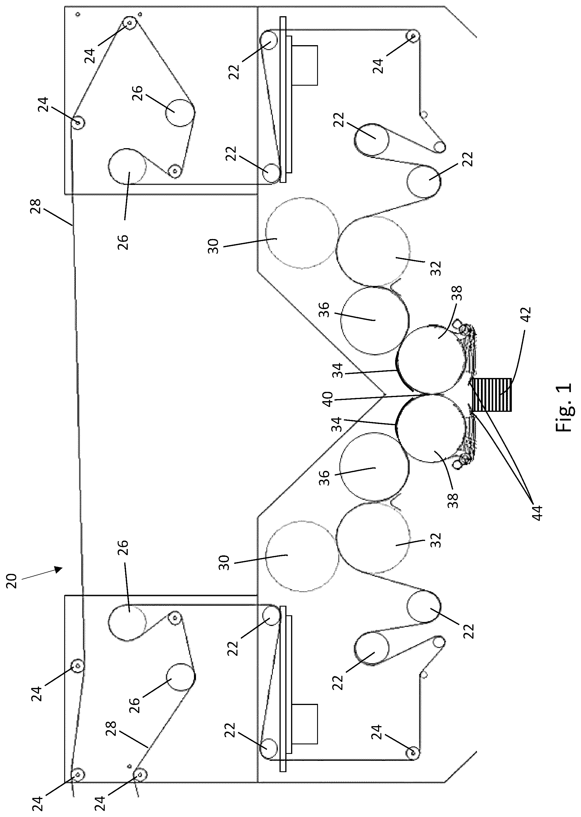 Patent US12319533 Figure 1 – Fluid delivery system for interfolding apparatus