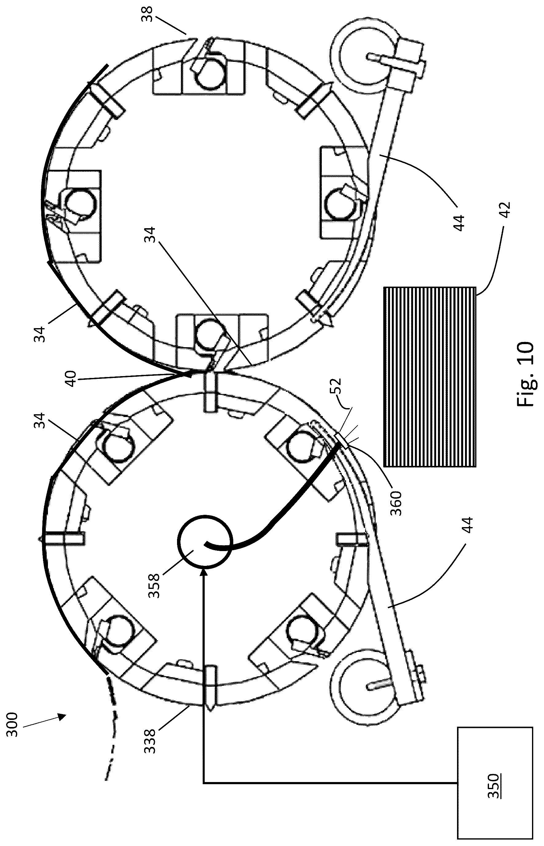 Patent US12319533 Figure 9 – Fluid delivery system for interfolding apparatus