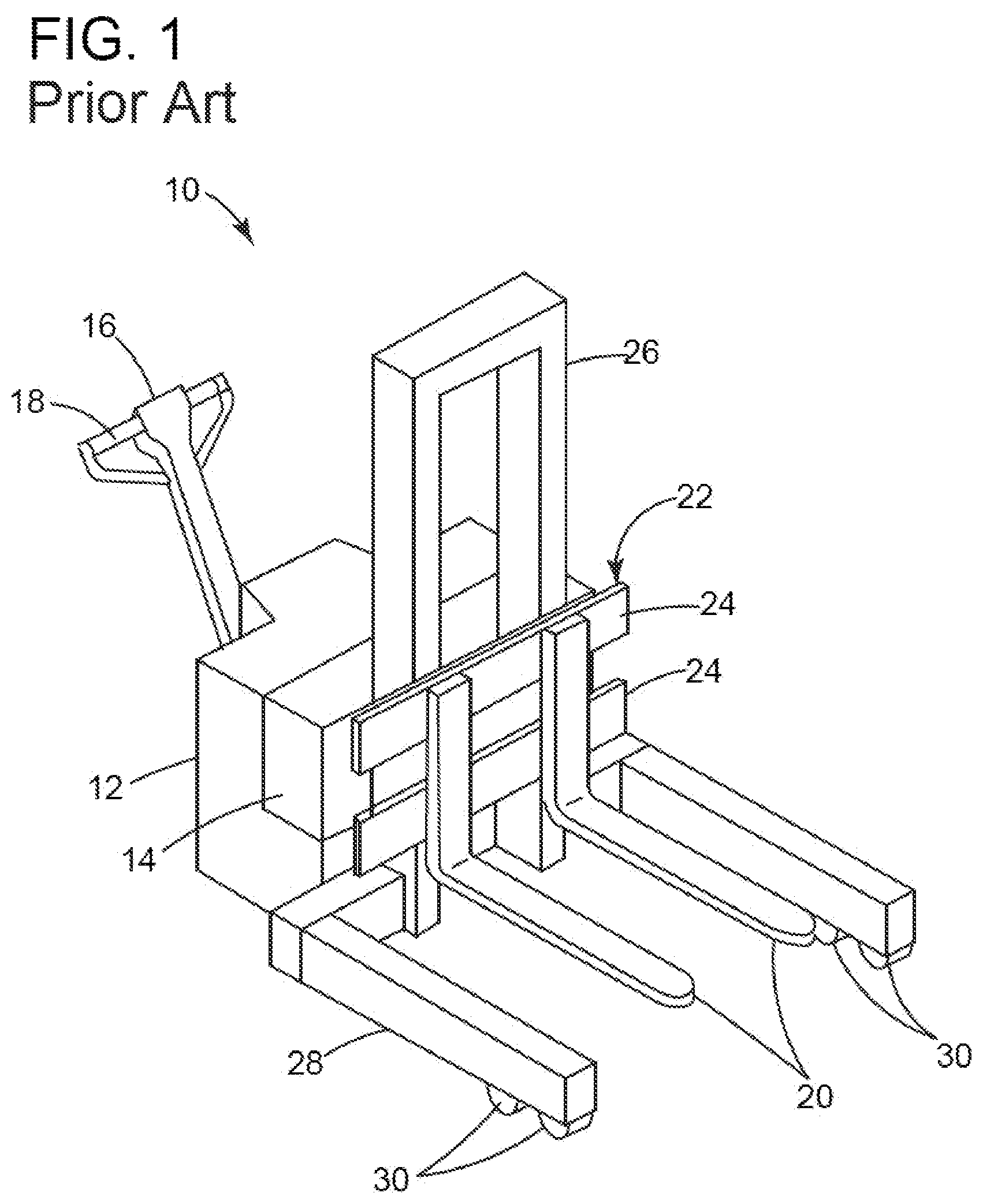 Patent US12319552 Figure 1 – Two-post vehicle lift and adapter system for material handling vehicles