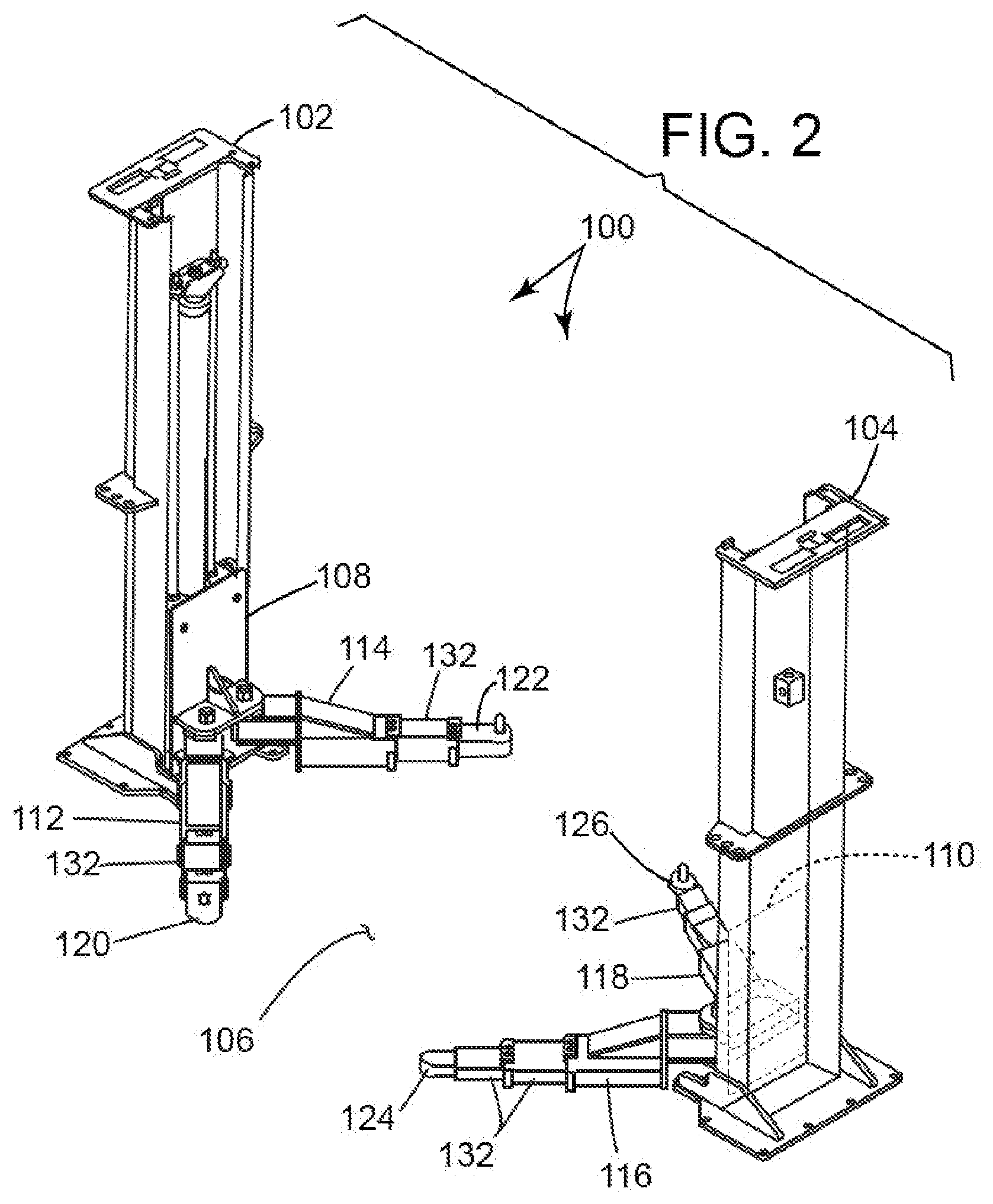 Patent US12319552 Figure 2 – Two-post vehicle lift and adapter system for material handling vehicles