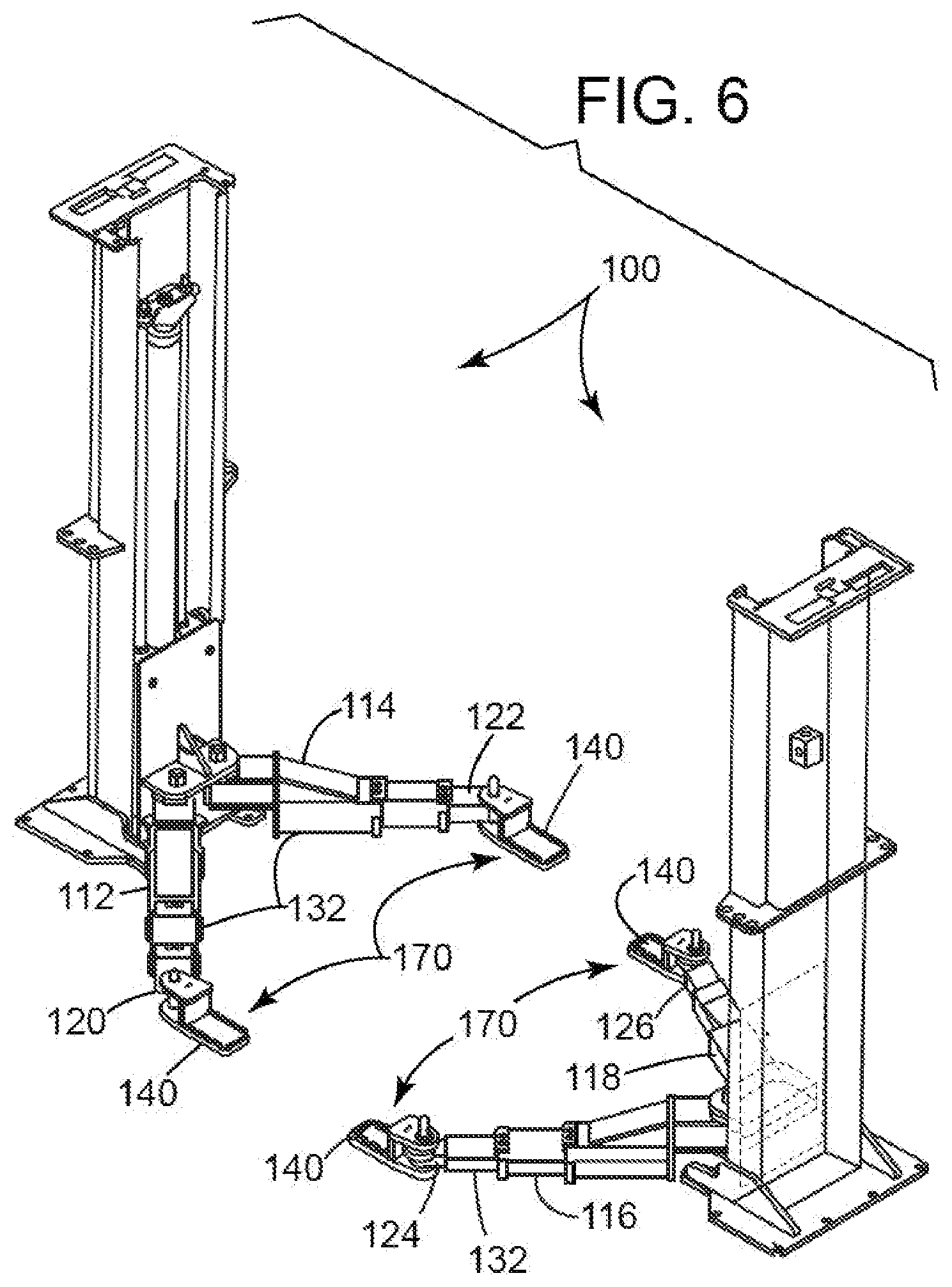 Patent US12319552 Figure 6 – Two-post vehicle lift and adapter system for material handling vehicles