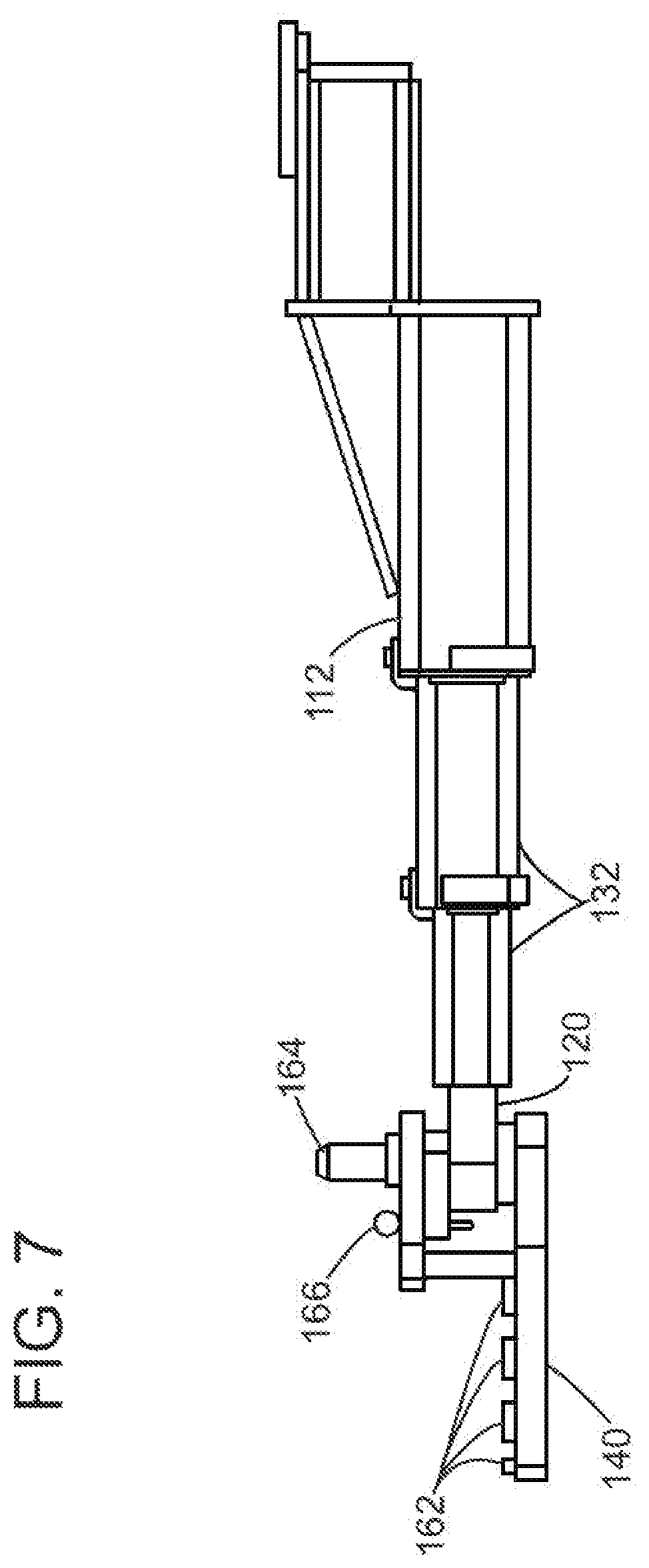 Patent US12319552 Figure 7 – Two-post vehicle lift and adapter system for material handling vehicles