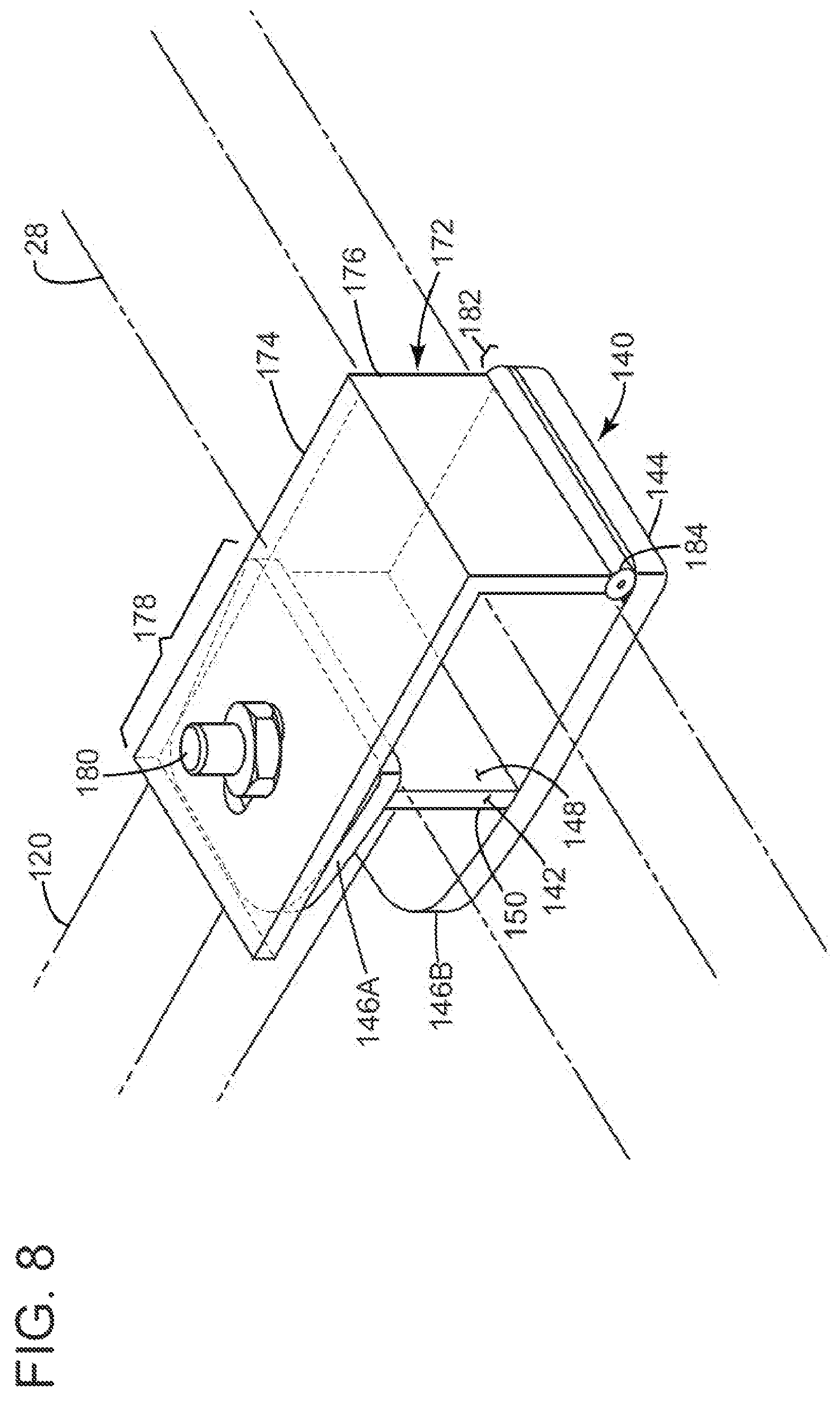 Patent US12319552 Figure 8 – Two-post vehicle lift and adapter system for material handling vehicles