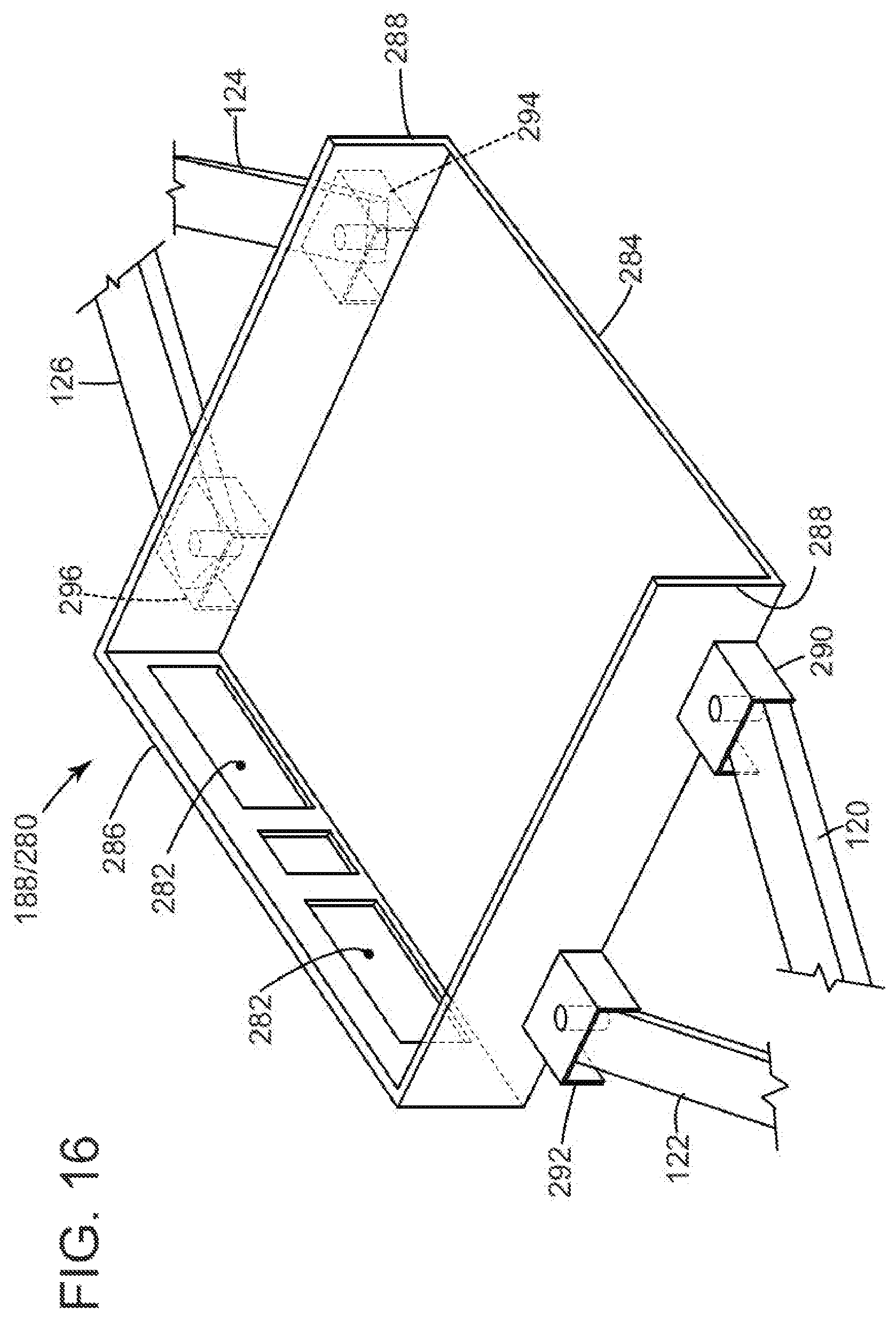 Patent US12319552 Figure 16 – Two-post vehicle lift and adapter system for material handling vehicles