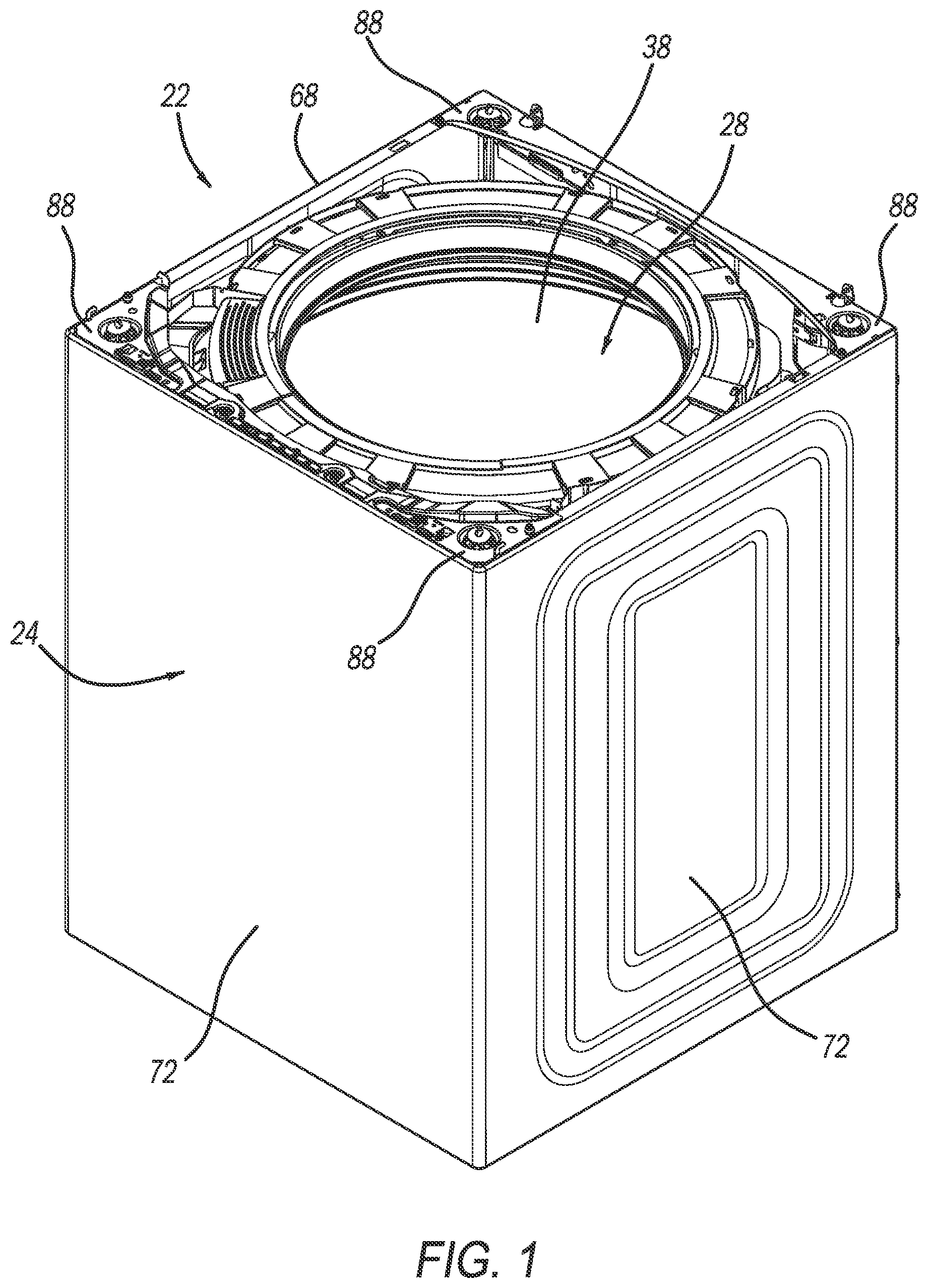 Patent US12320055 Figure 1 – Suspension mount for a top load washing machine