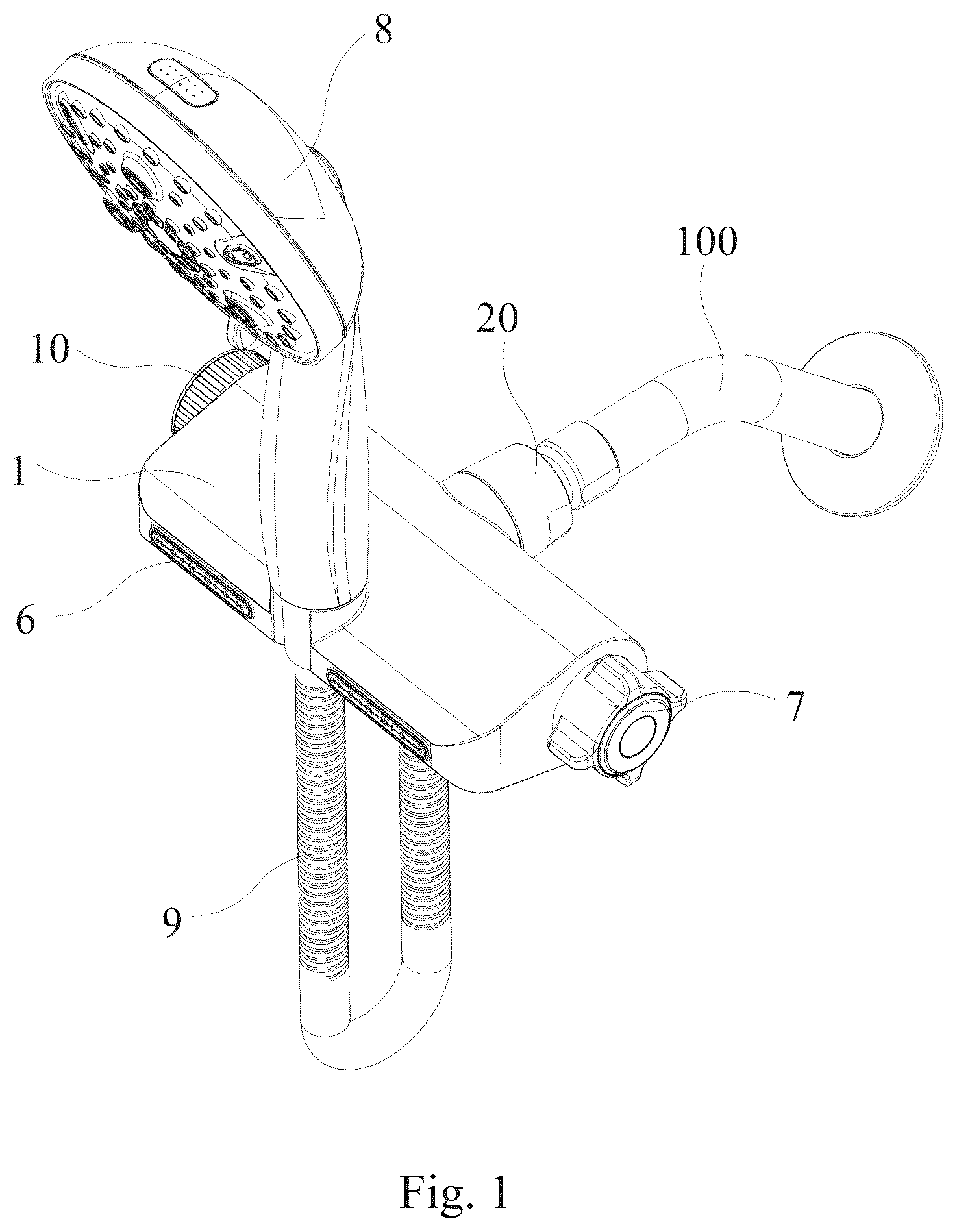 Patent US12320105 Figure 1 – Shower head and receptacle combination device with outlet water filtering function