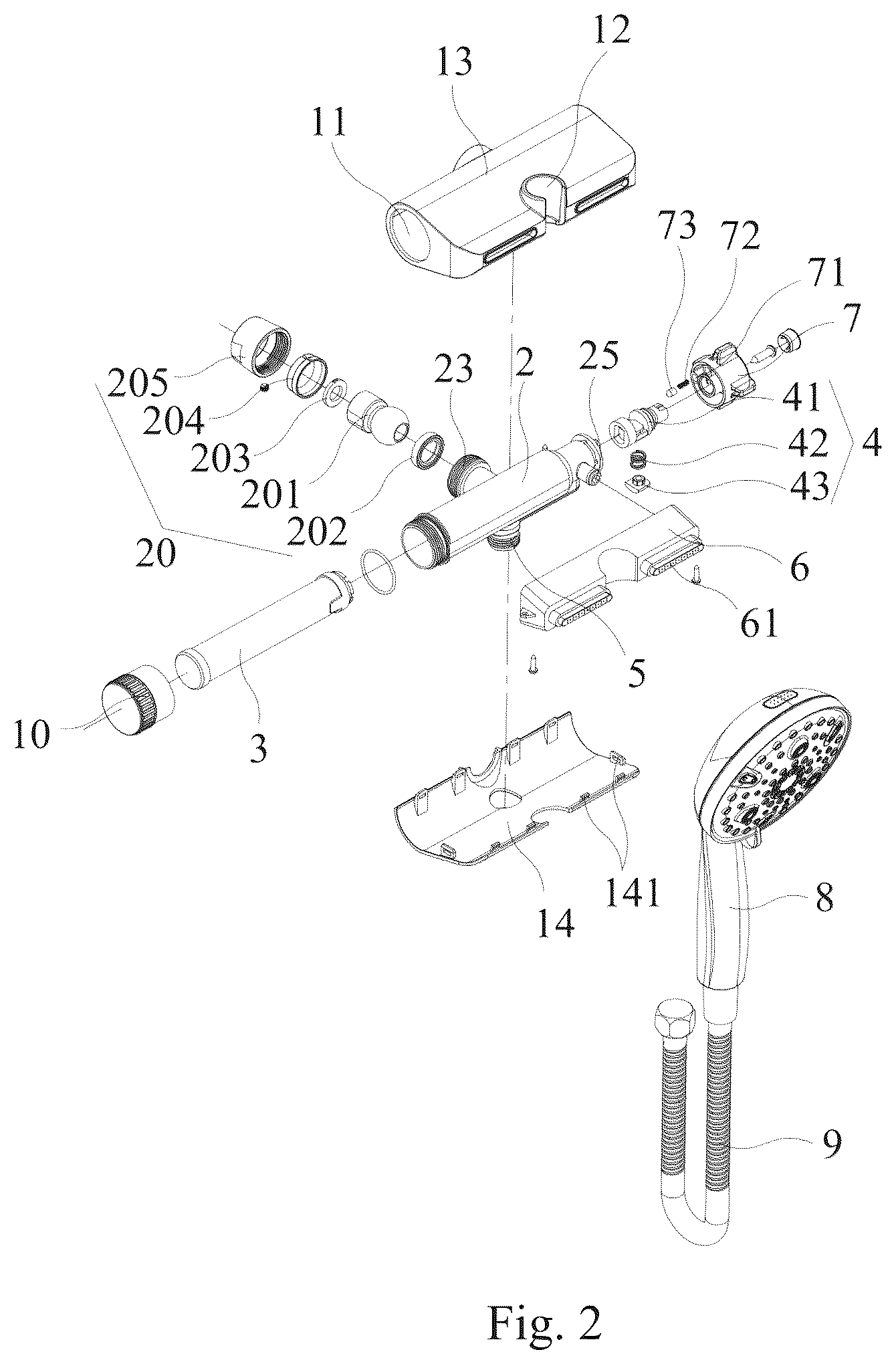 Patent US12320105 Figure 2 – Shower head and receptacle combination device with outlet water filtering function