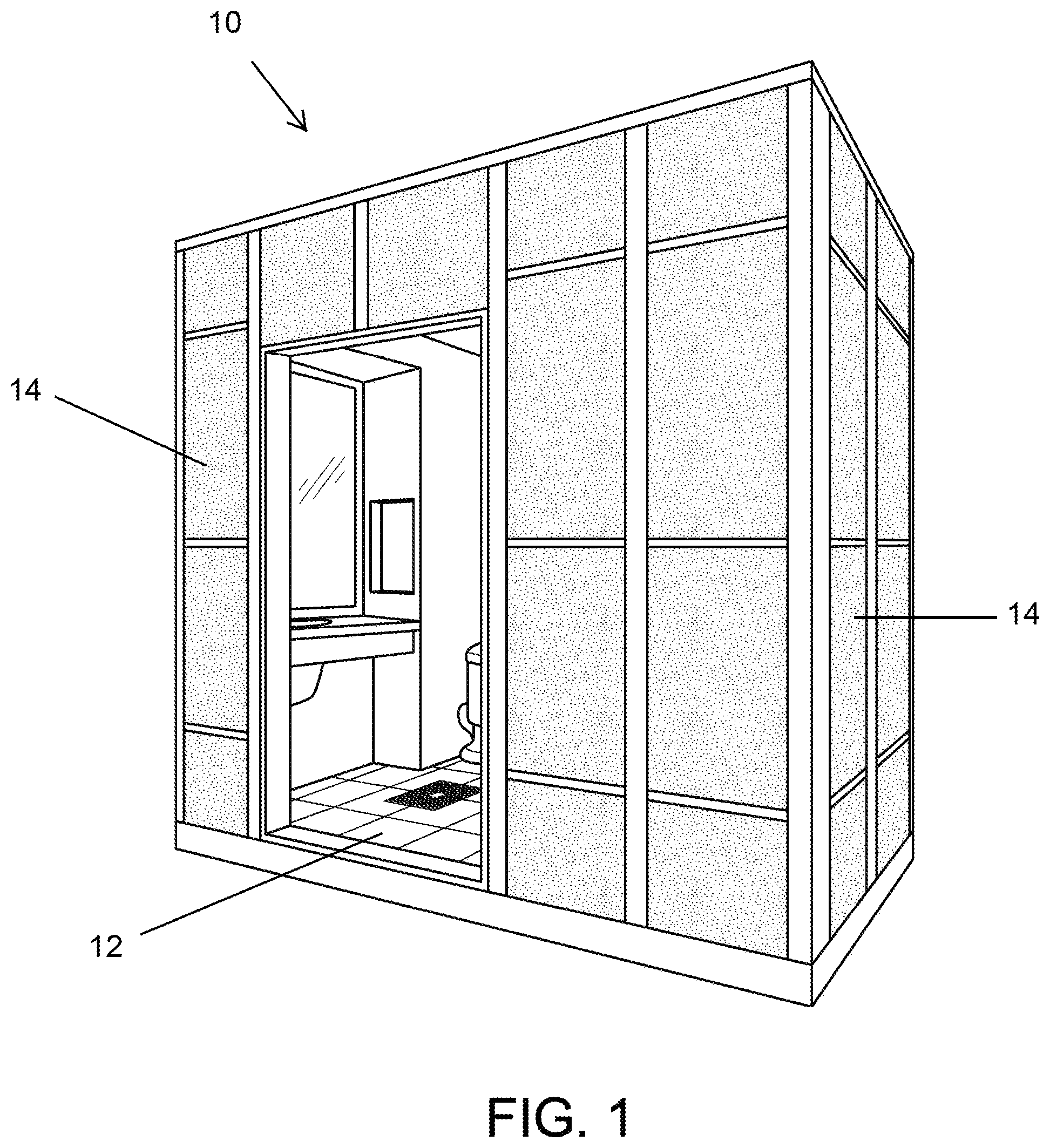 Patent US12320112 Figure 1 – Modular drain assembly for pod constructed room