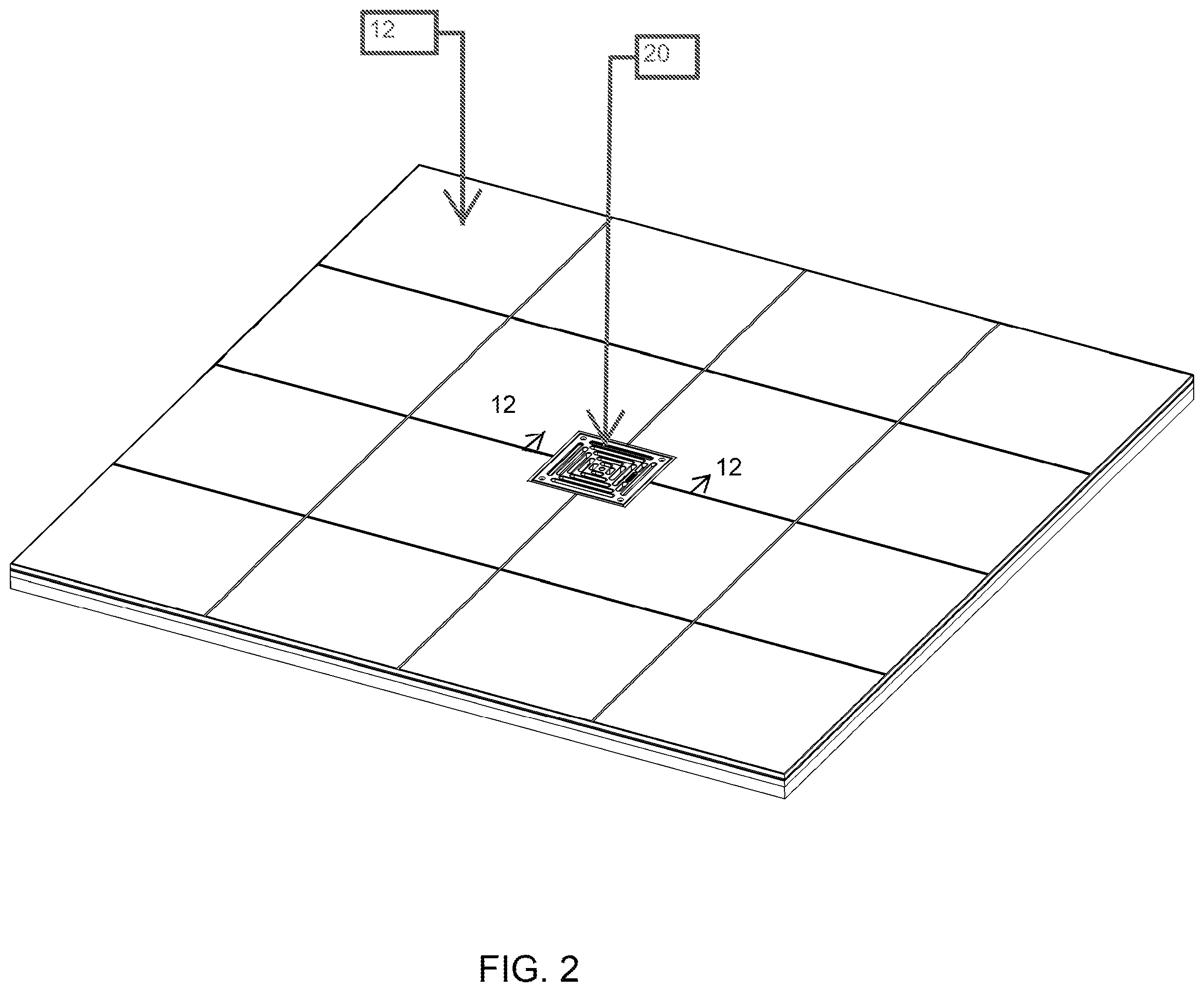 Patent US12320112 Figure 2 – Modular drain assembly for pod constructed room