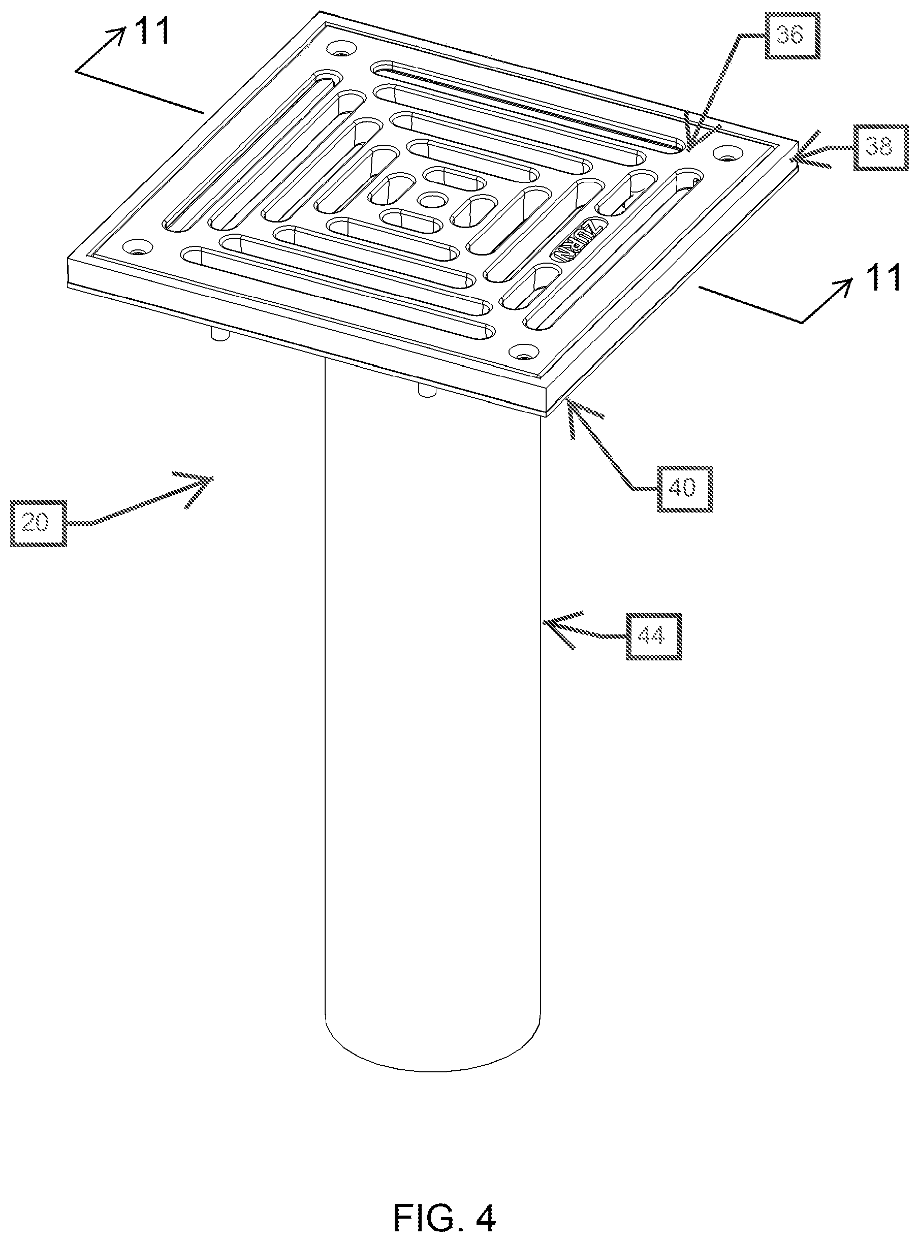 Patent US12320112 Figure 4 – Modular drain assembly for pod constructed room