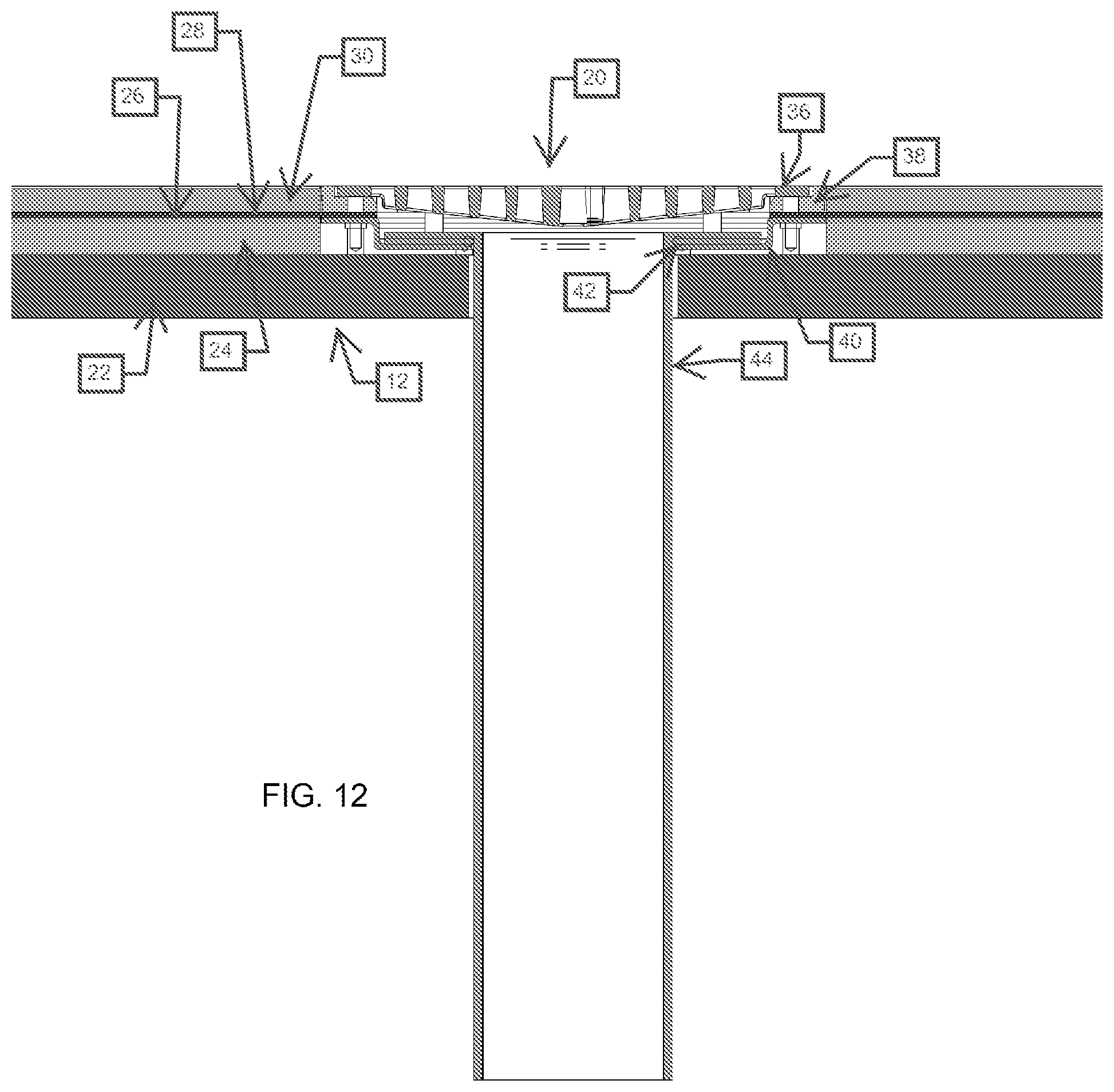 Patent US12320112 Figure 12 – Modular drain assembly for pod constructed room
