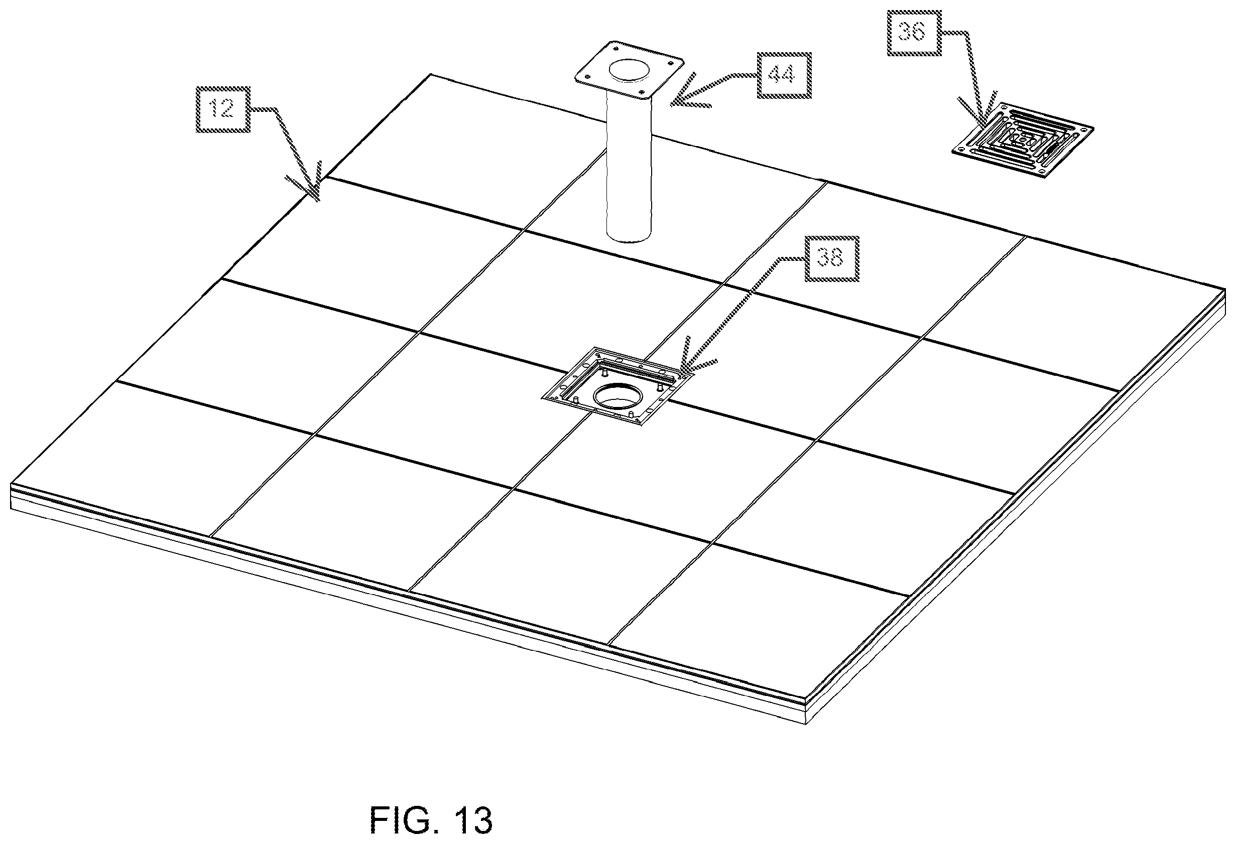 Patent US12320112 Figure 13 – Modular drain assembly for pod constructed room
