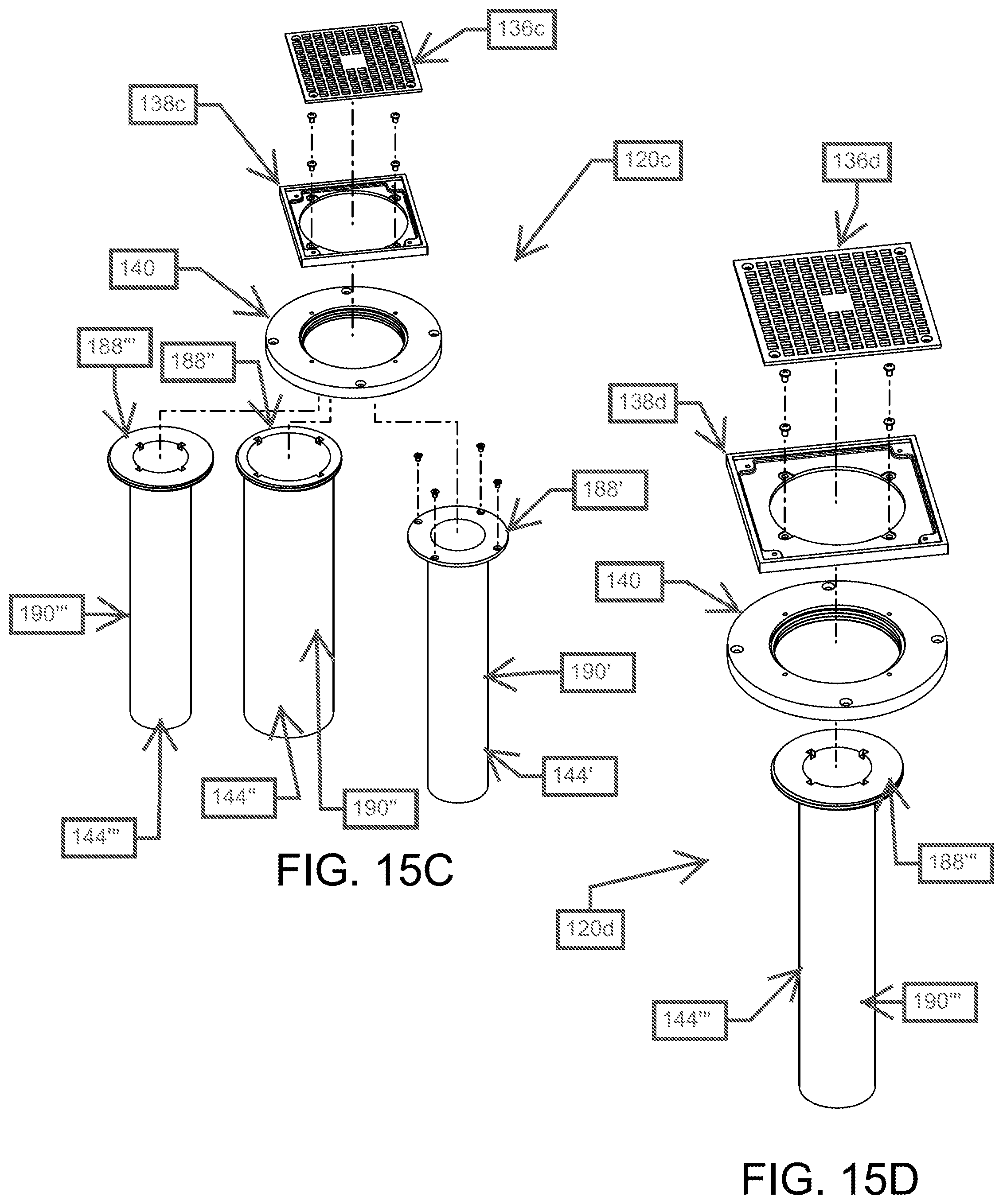 Patent US12320112 Figure 16 – Modular drain assembly for pod constructed room