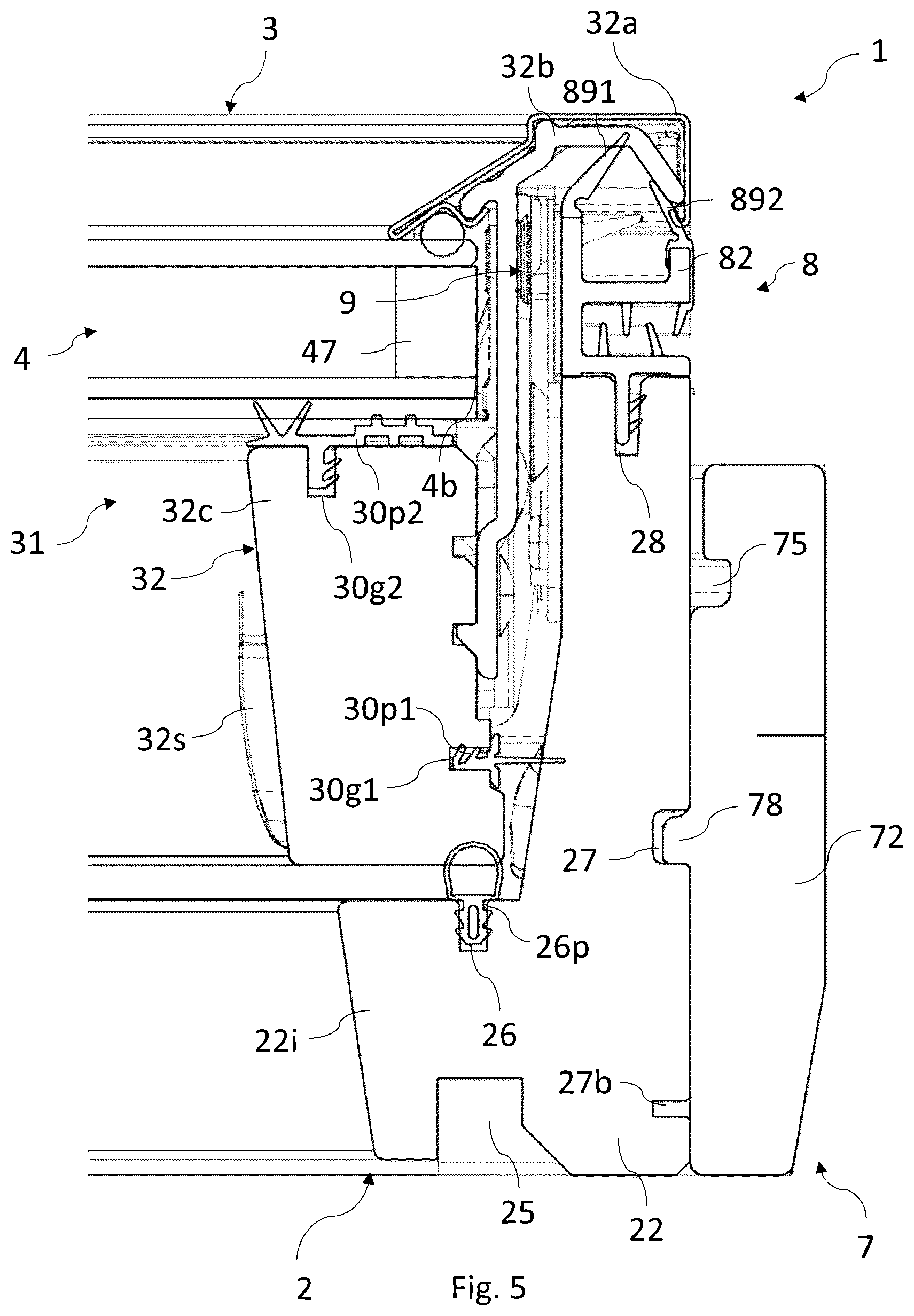 Patent US12320119 Figure 5 – Roof window comprising a sash with profile elements and method of manufacturing a roof window