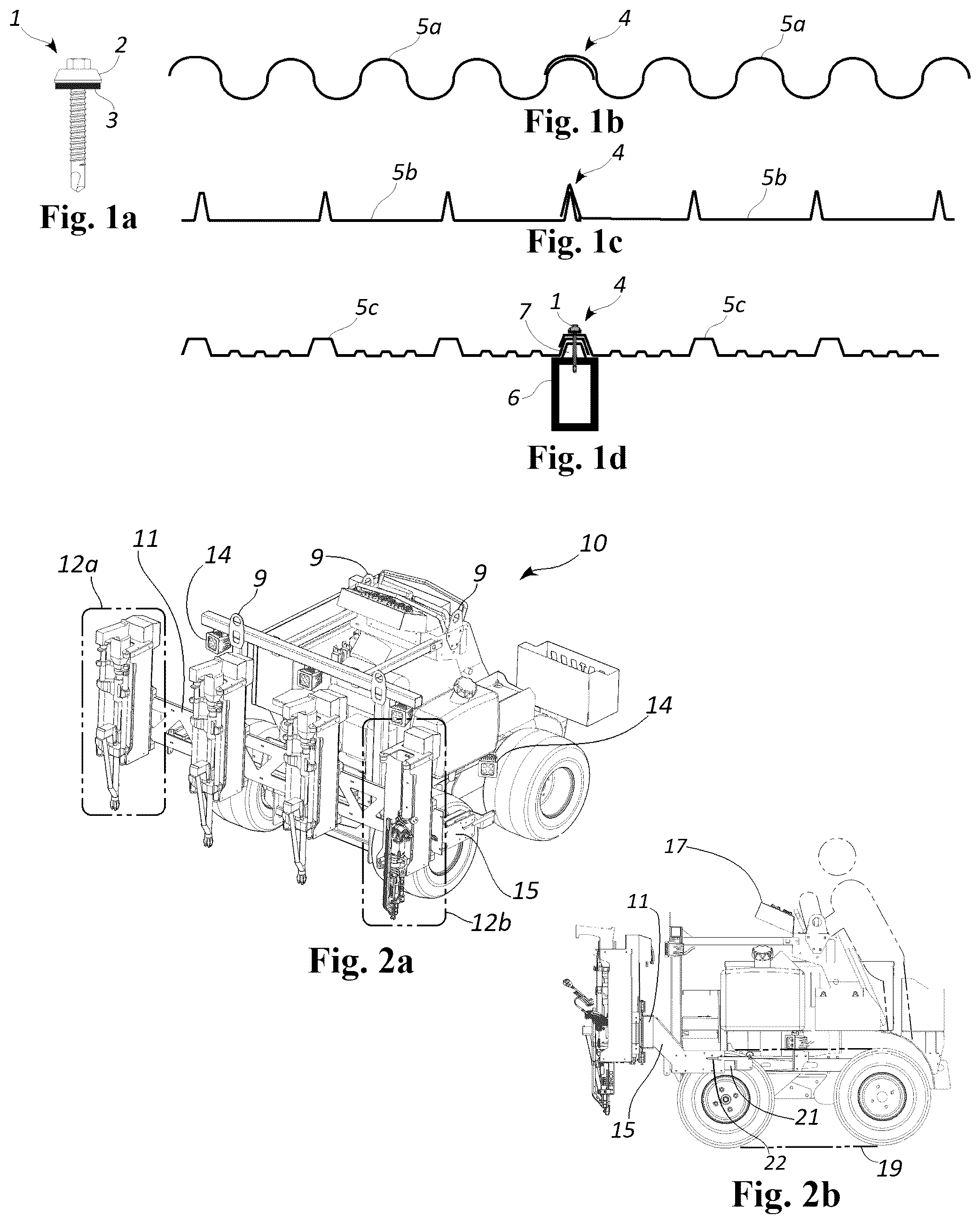 Patent US12320125 Figure 1 – Fastener driving machine for installing formed sheeting