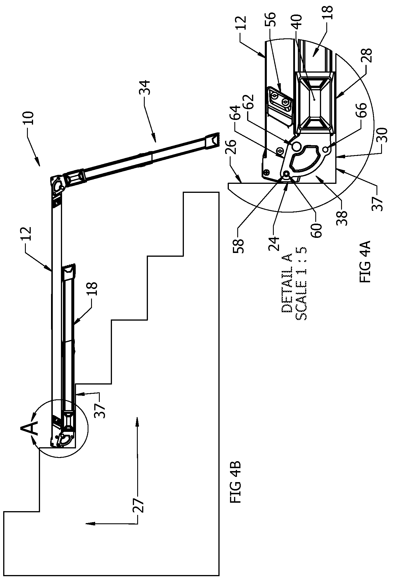 Patent US12320133 Figure 4 – Stairway work platform and method